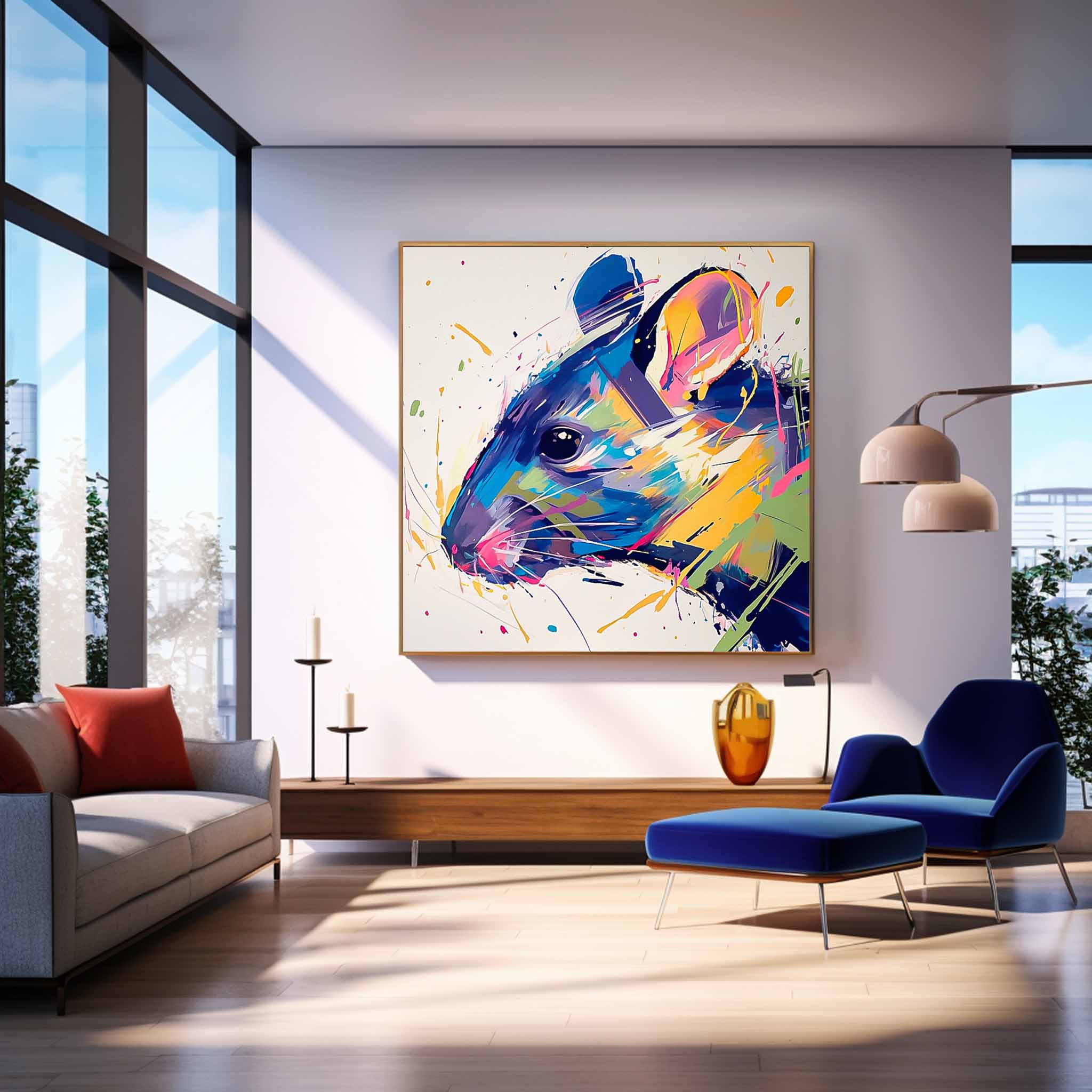 Square Mouse Oil Painting Canvas Large Colorful Animal Artwork Original Lovely Rat Wall Art Home Decor