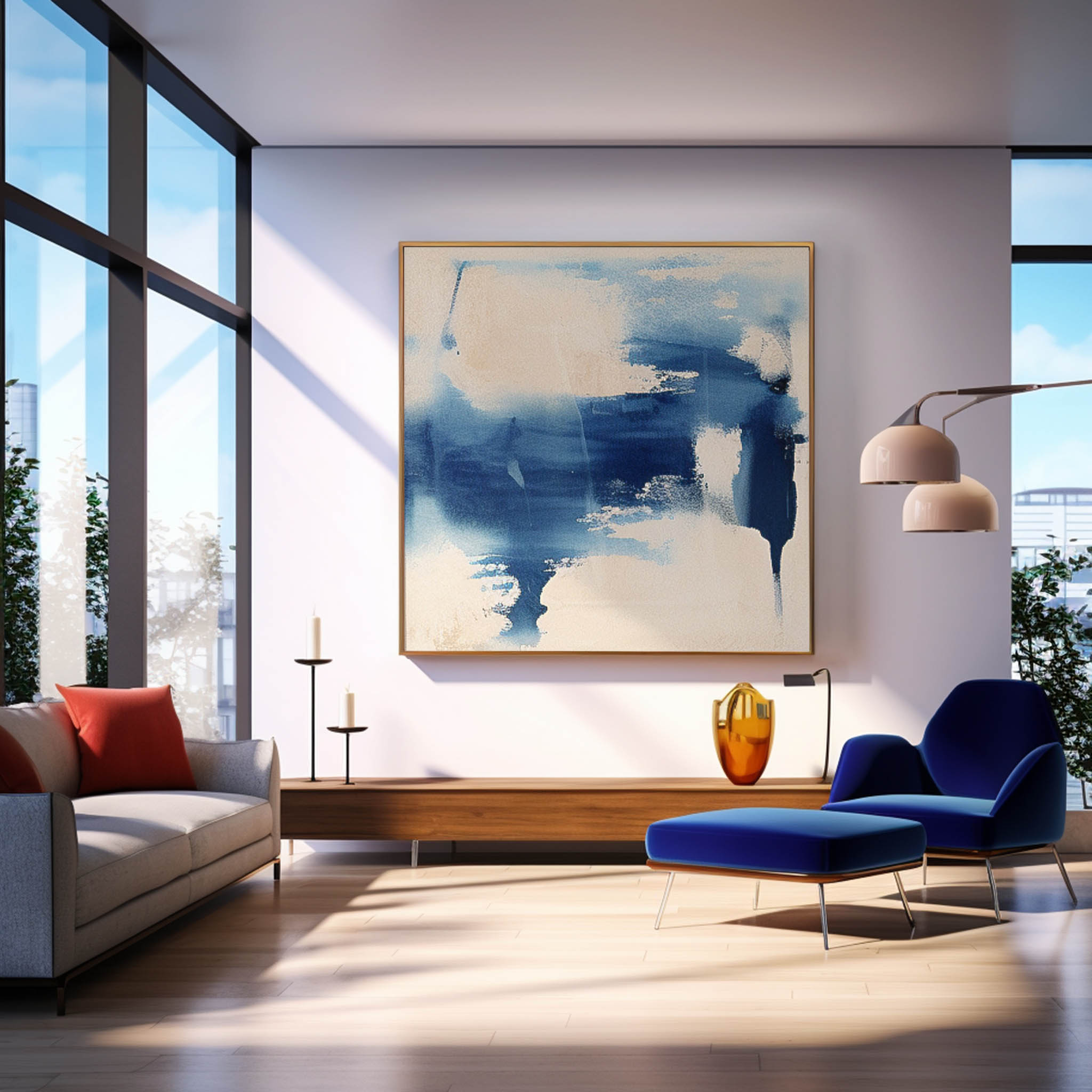 Square Abstract Wall Art Original Minimalist Ink Painting For Sale Blue Painting Canvas For Living Room