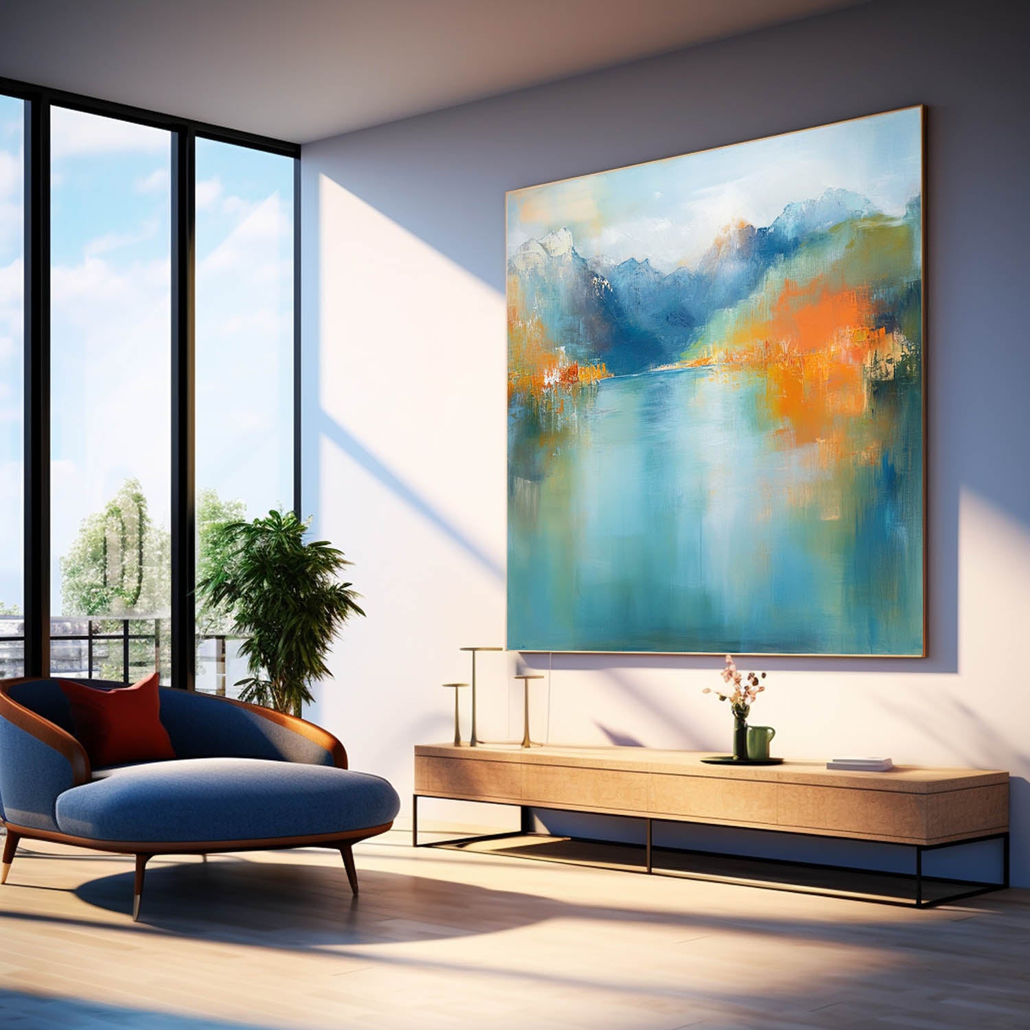 Ink Style Texture Painting Abstract Landscape Oil Painting Modern Blue Dreamscape Lake Natural Artwork