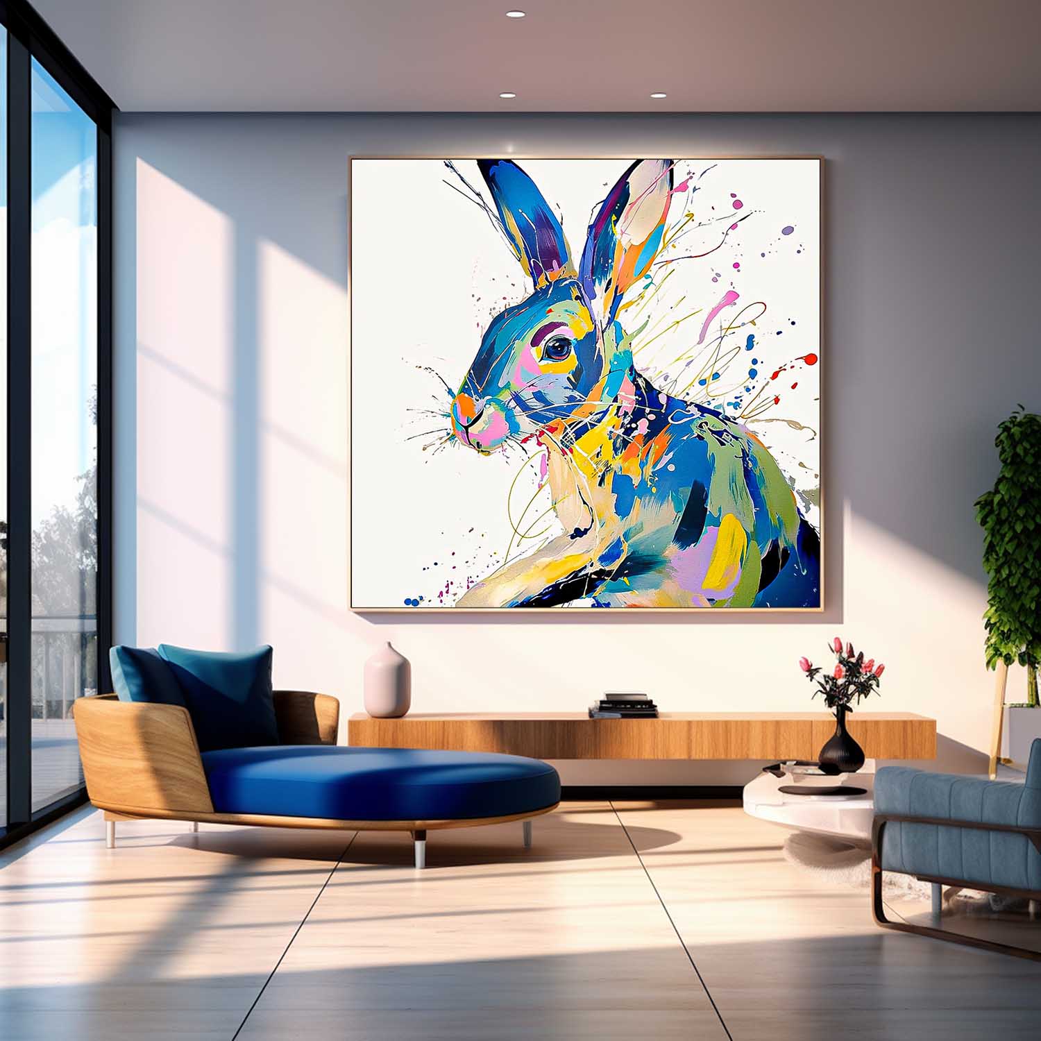 Original Lovely Rabbit Wall Art Square Bunny Oil Painting Canvas Large Colorful Animal Artwork Home Decor