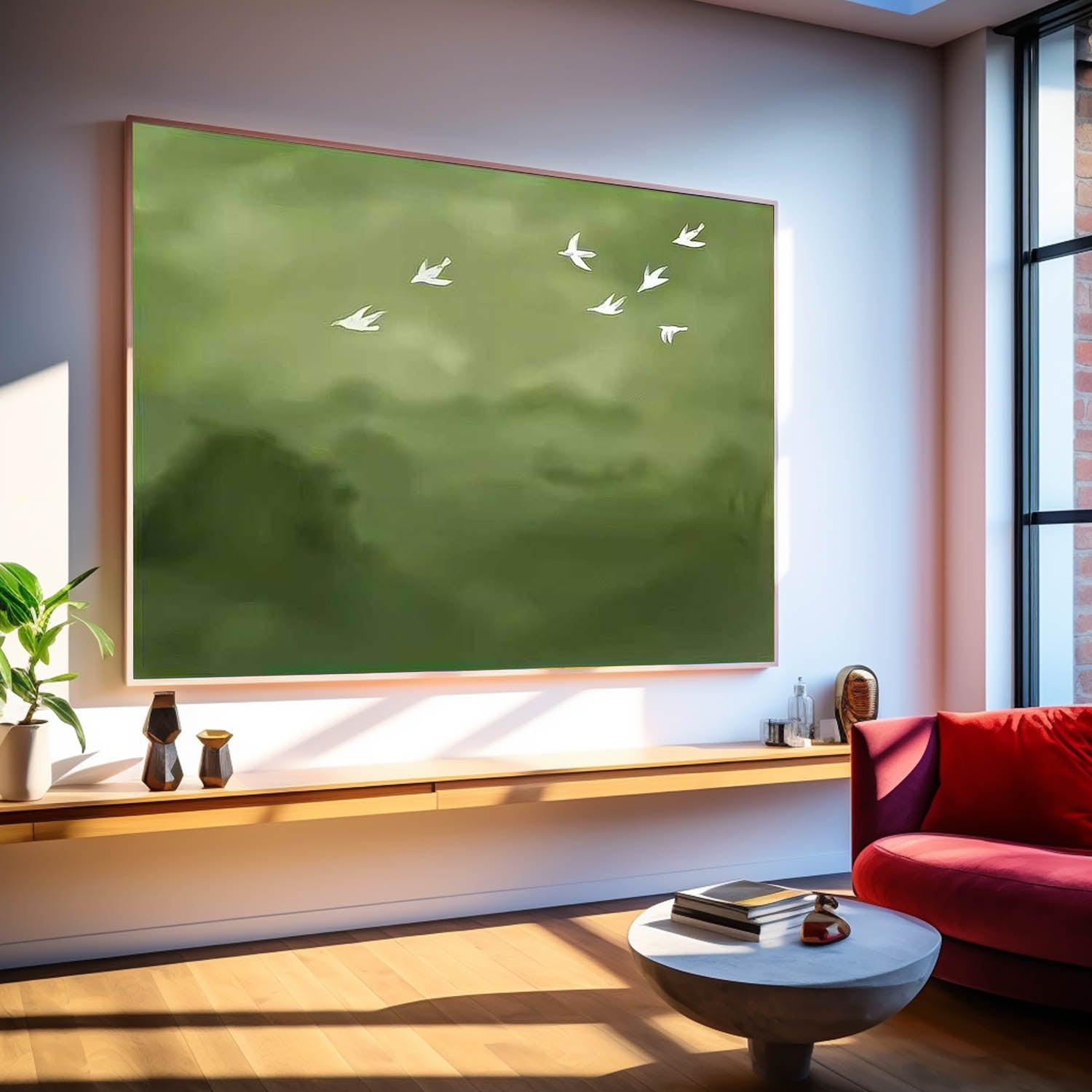 Large Green Wall Art Abstract Oil Painting Original Minimalist Wild Geese Abstract Spring Artwork