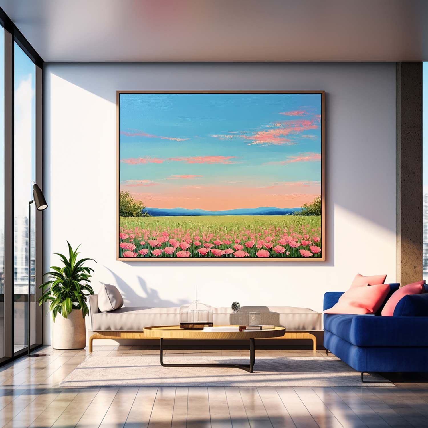 Wildflower Field Landscape Oil Painting Sunset Scenery painting Muted Country Field Wall Art Nature Artwork
