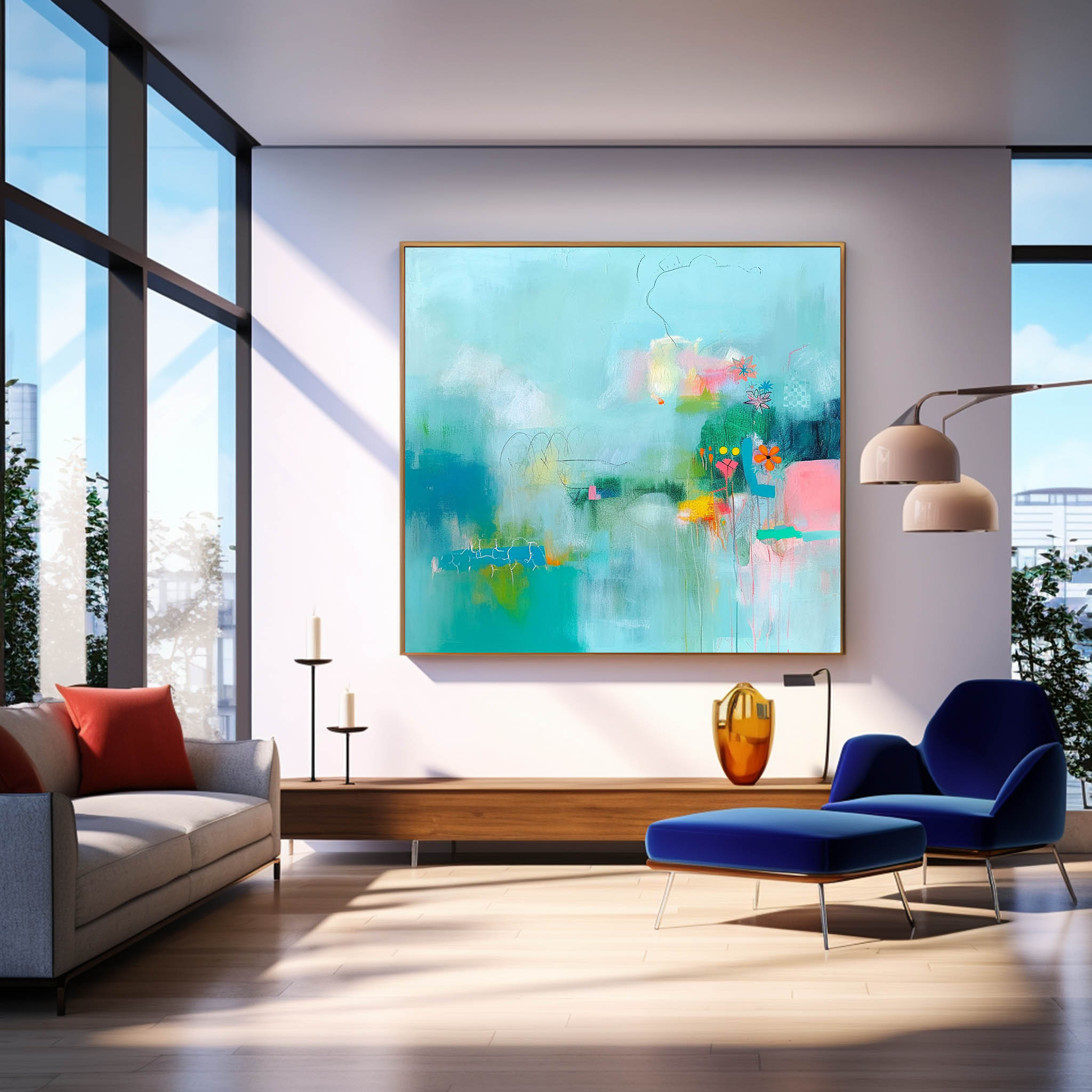 Bright Blue Abstract Painting Canvas Original Abstract Art For Sale Contemporary New Abstract Painting For Living Room