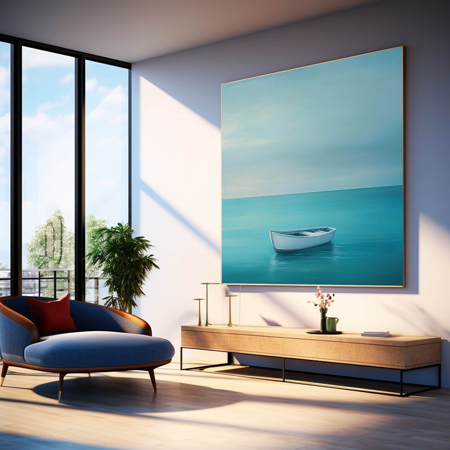 Abstract Offing Scenery Oil Painting Framed Large Small Boat Wall Art Seaside Landscape Artwork Home Decor