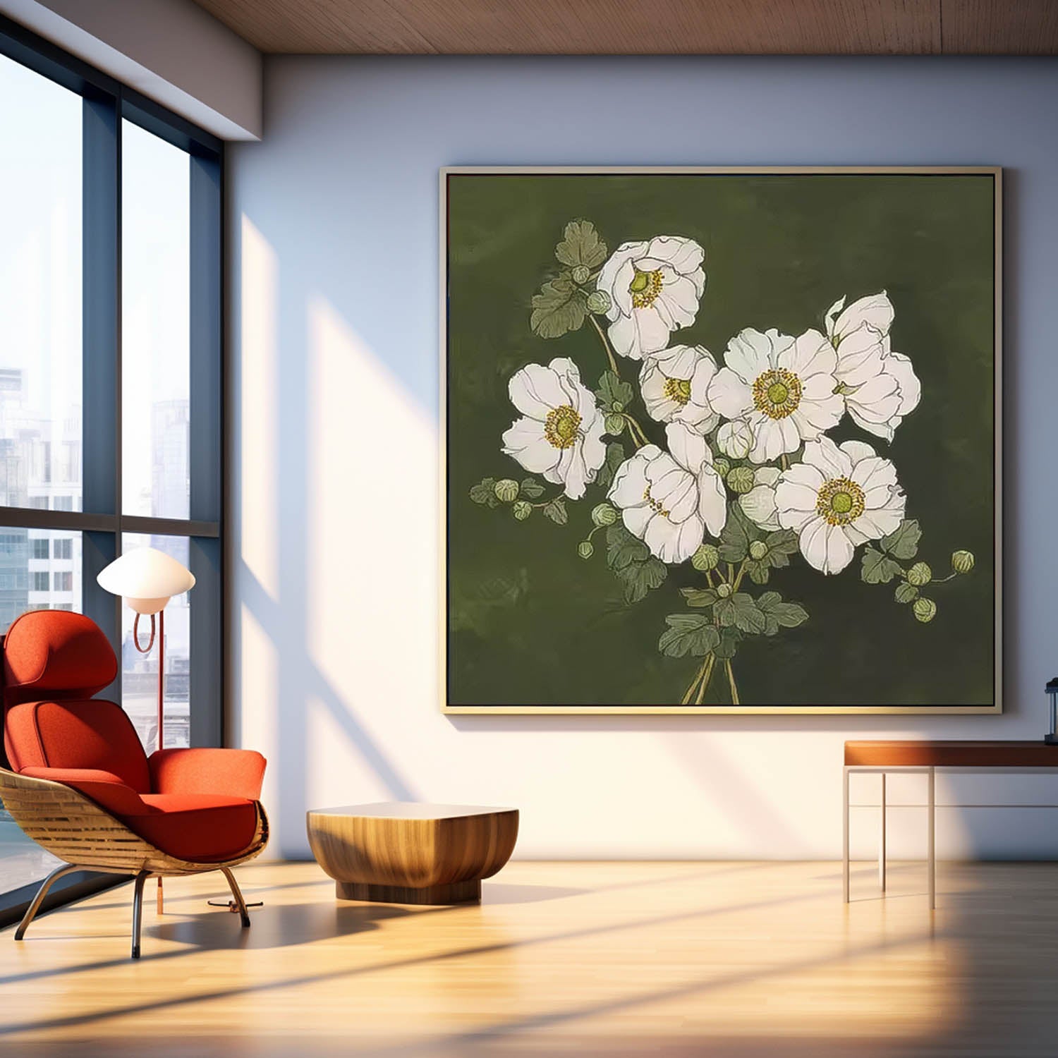 Large Abstract Daisy Flowers Paintings Square Contemporary Flower Paintings Wall Art Green Artwork