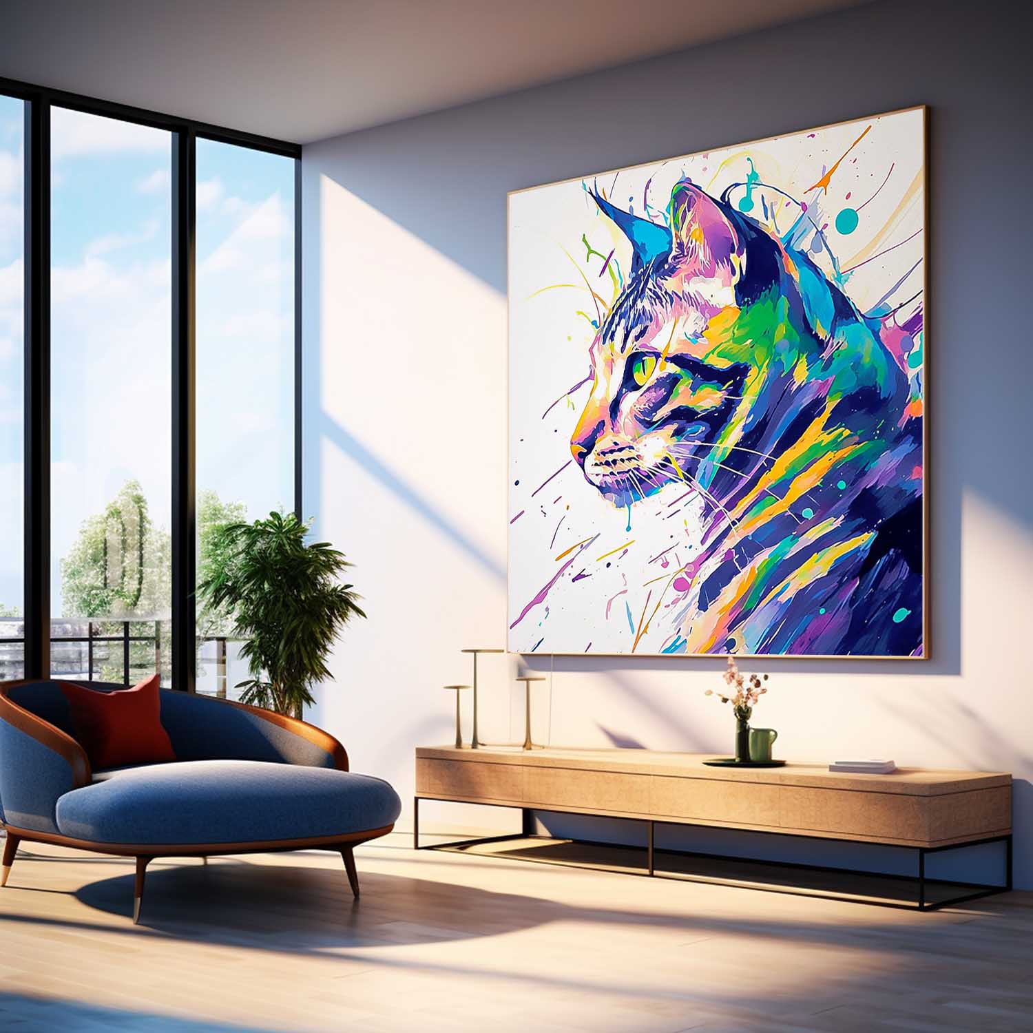 Square Cat Oil Painting Canvas Large Colorful Animal Artwork Original Lovely Kitty Wall Art Home Decor