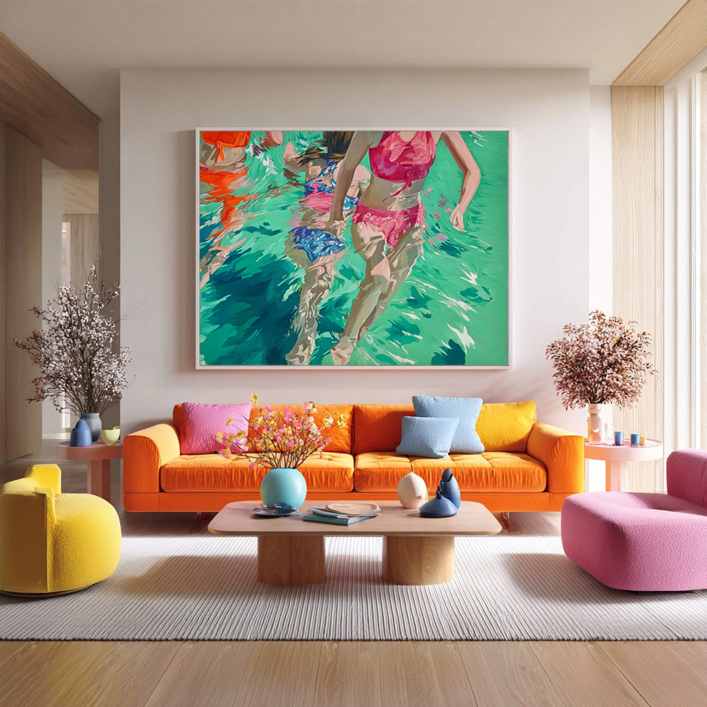 Original Girl Diving Oil Painting Diving In Ocean Sensual Woman Swimming Wall Art Abstract Colorful Artwork