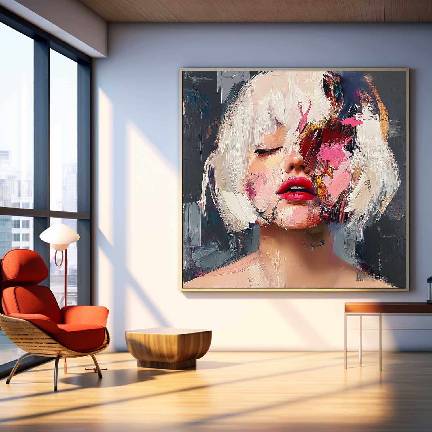 Square Large Short Hair Girl Portrait Artwork Beautiful Lady Abstract Wall Art Origina Acrylic Painting Canvas