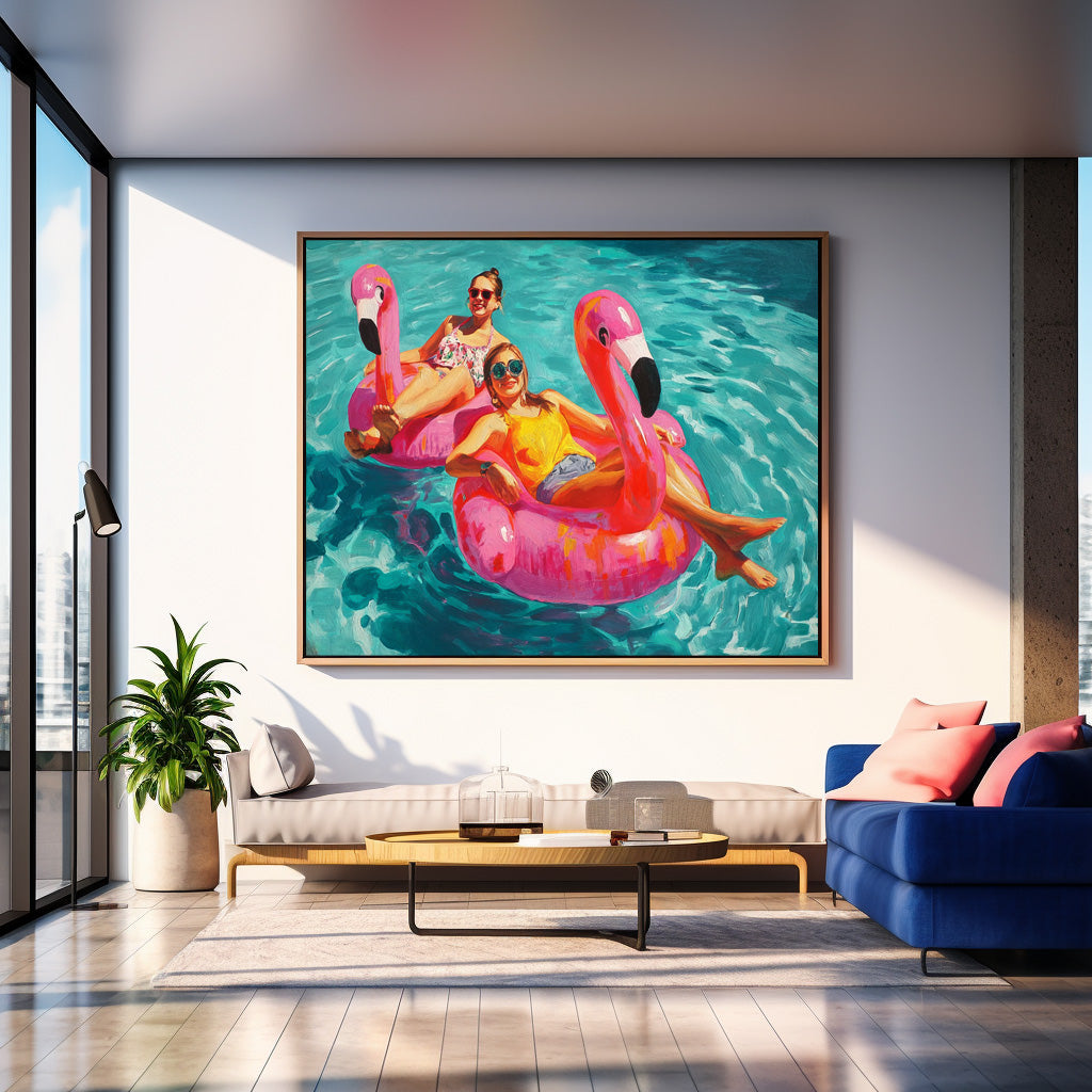 Abstract Colorful Flamingo Artwork Original Girl Water Entertainment Sensual Lady Swimming Wall Art