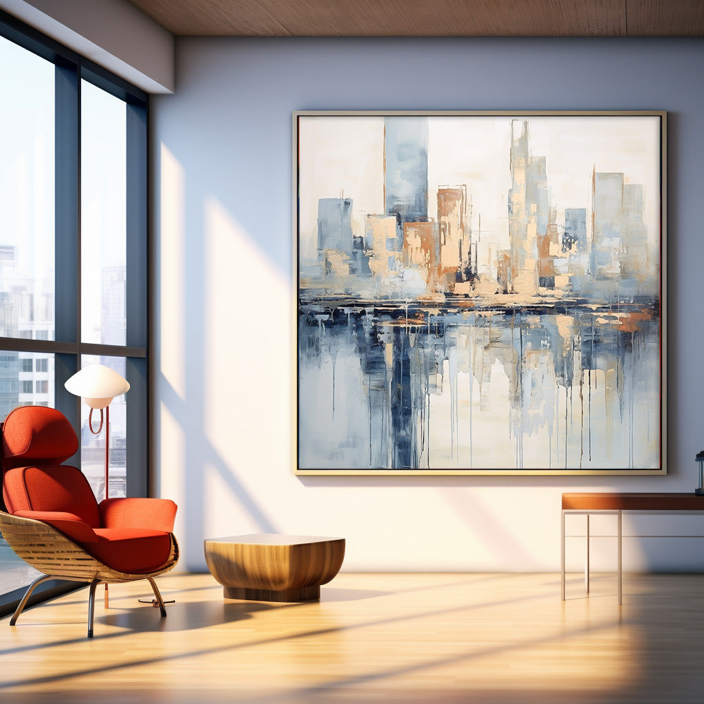 Modern Abstract Cityscape Oil Painting Large Texture Painting On Canvas Blue and Beige Wall Art Home Decor