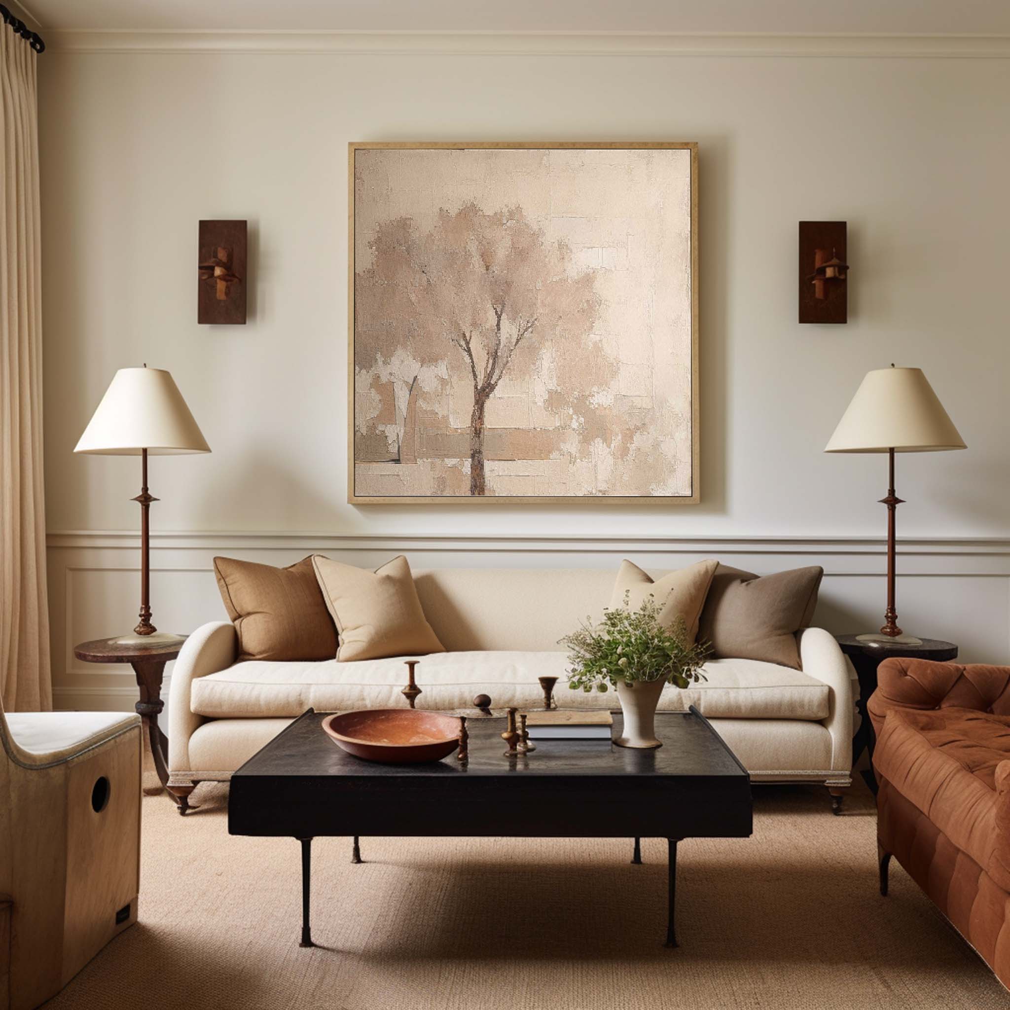 Beige Square Acrylic Painting Canvas Abstract Ink Tree Art Original Painting For Living Room