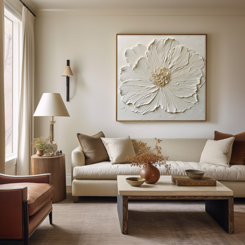 Simple Minimalist Art Original Large Textured Floral  Painting Modern  White Wall Art For Living Room