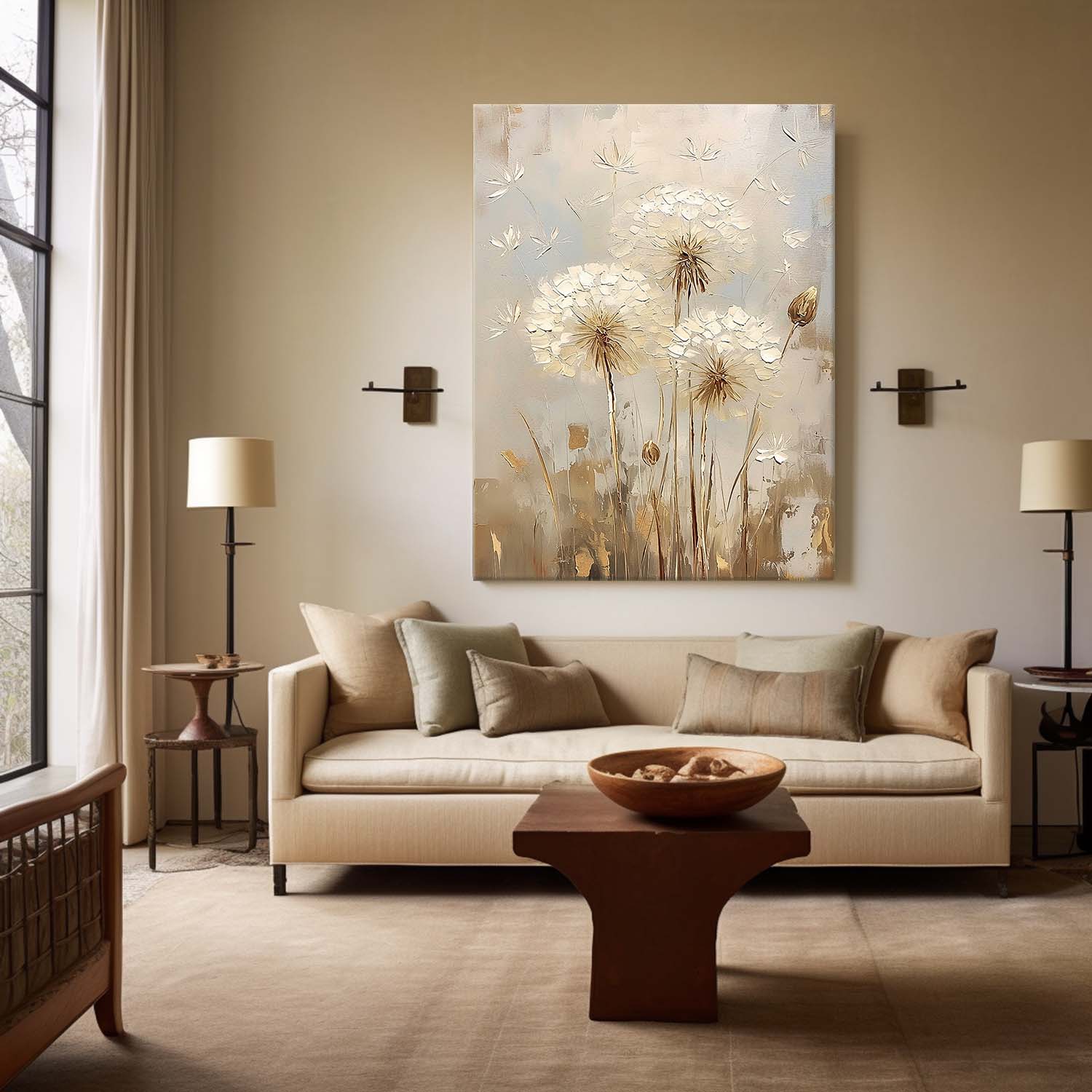 Abstract Flower Oil Painting on Canvas Delicate Dandelion Painting Wall Decor Large Original Texture Flowers Art