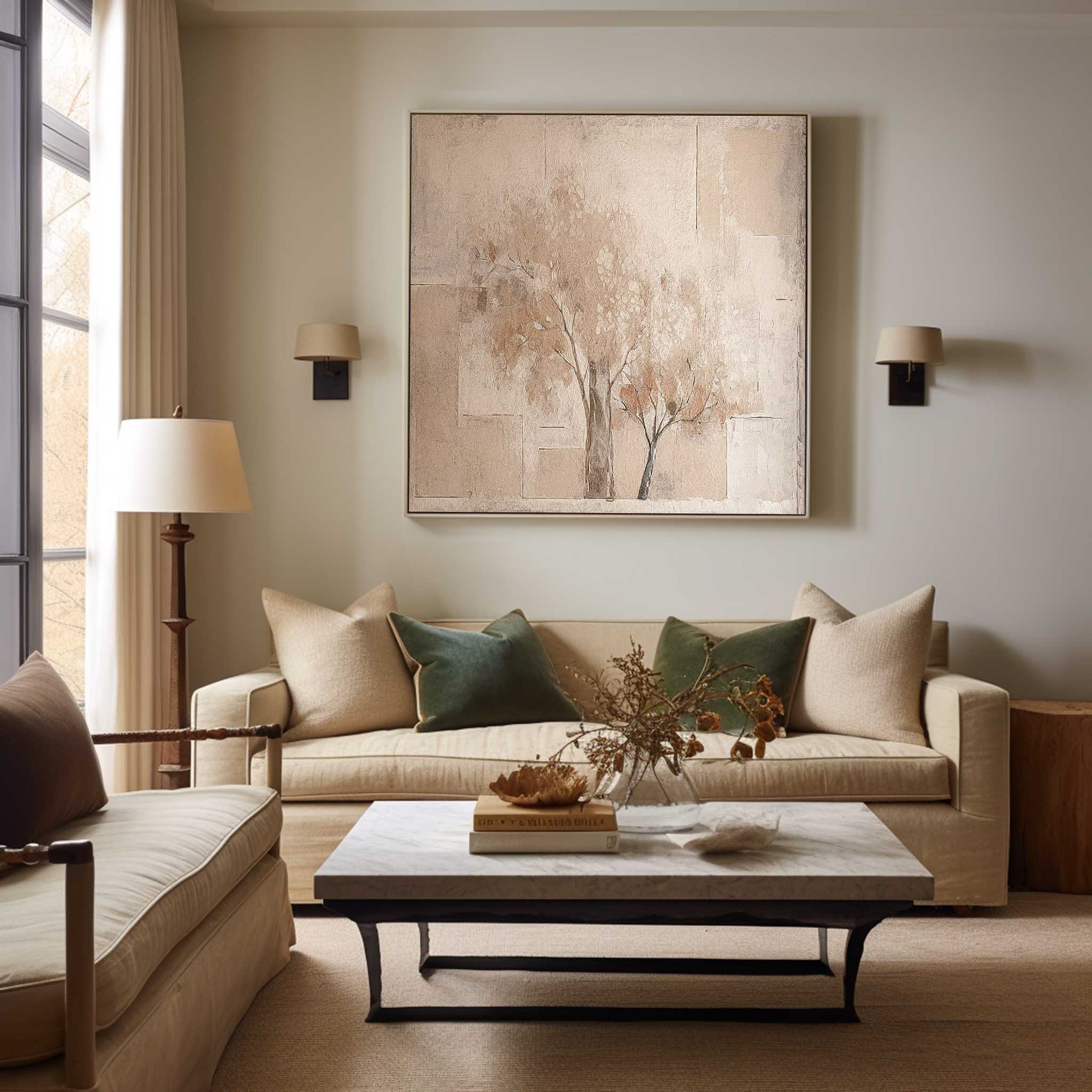 Original Vintage Oil Painting Abstract Ink Tree Wall Art Beige Square Acrylic Painting On Canvas For Sale