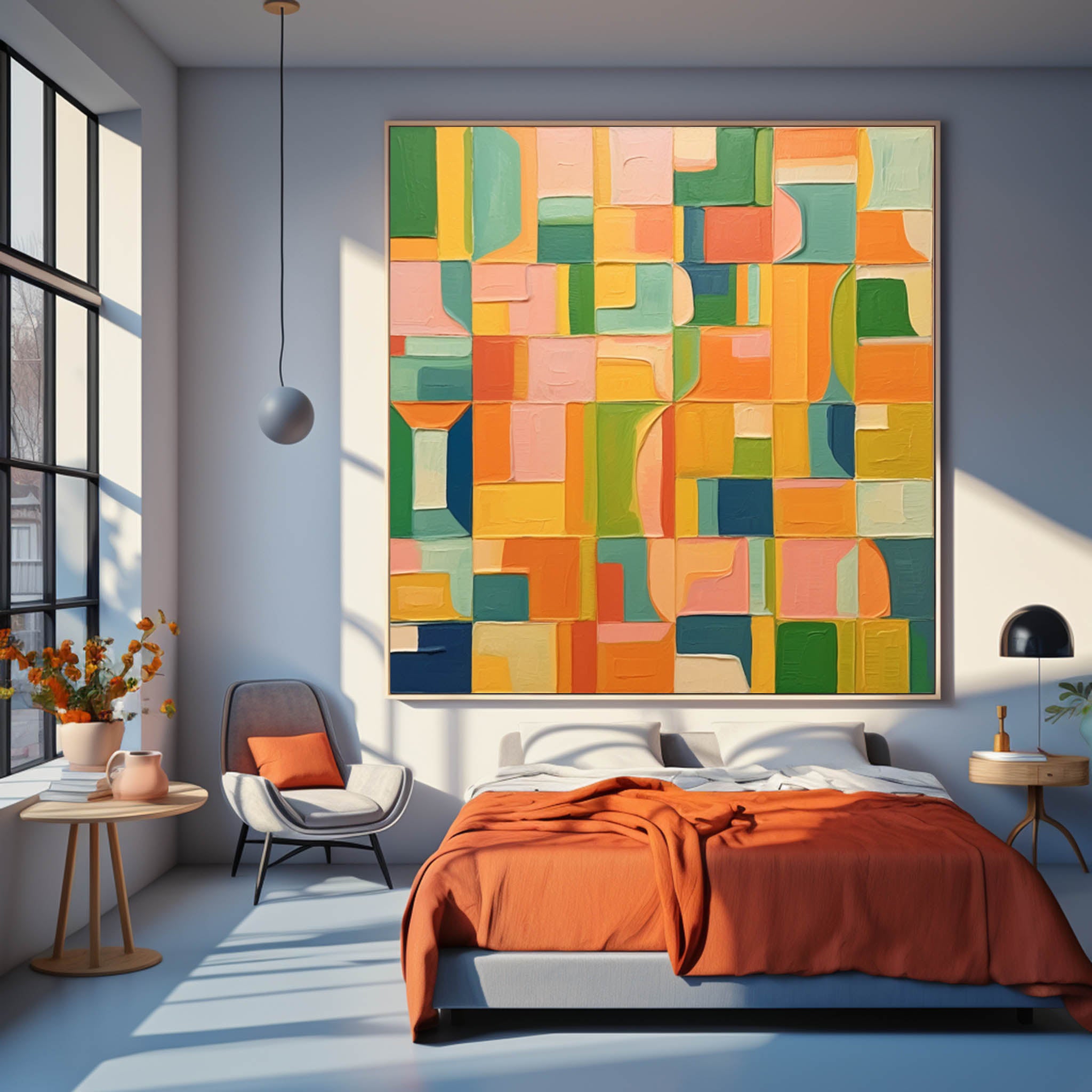 Square Abstract Geometry Oil Painting Bright Yellow Large Texture Canvas Original Modern Wall Art Home Decor