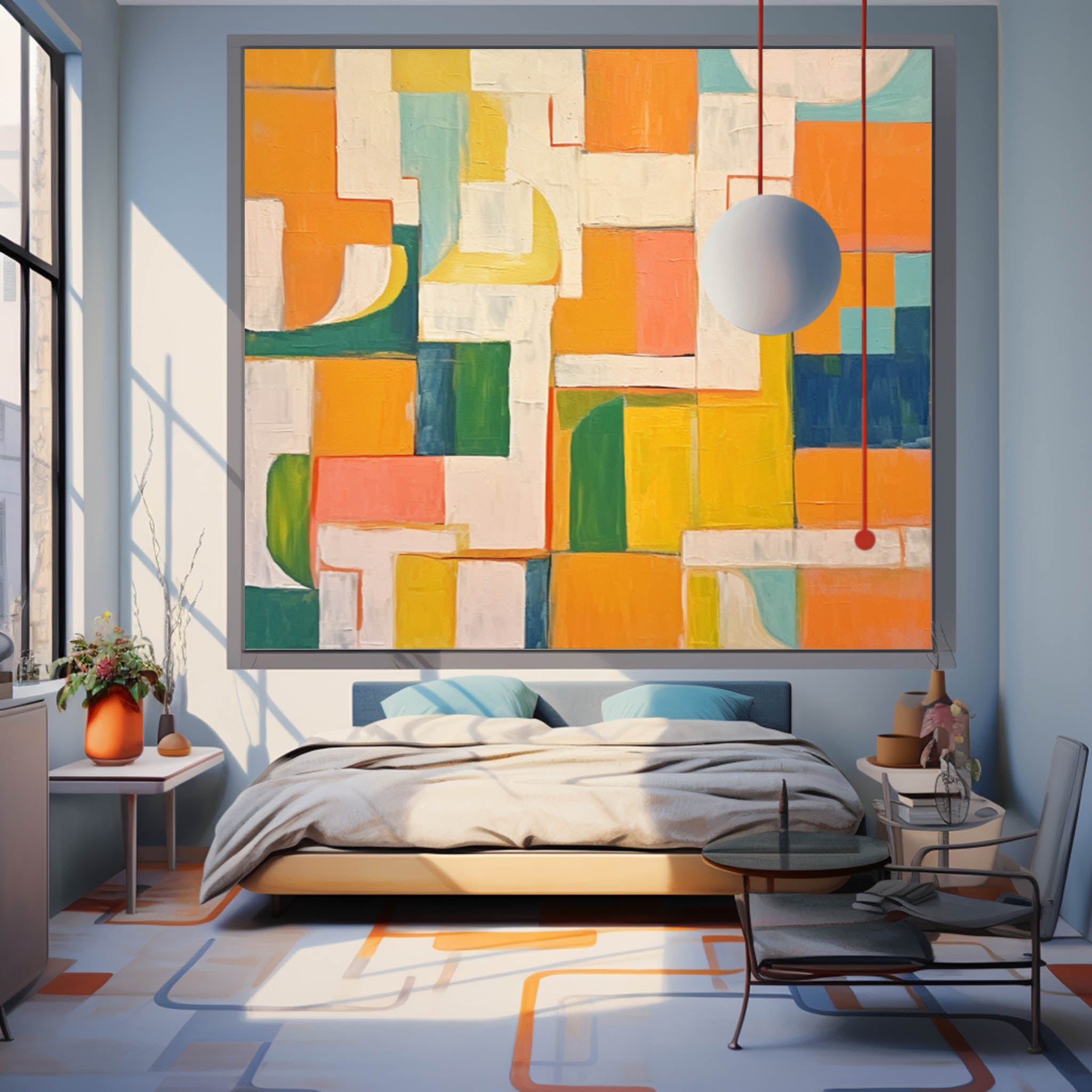 Square Abstract Geometry Oil Painting Bright Yellow Large Texture Canvas Original Modern Wall Art Home Decor