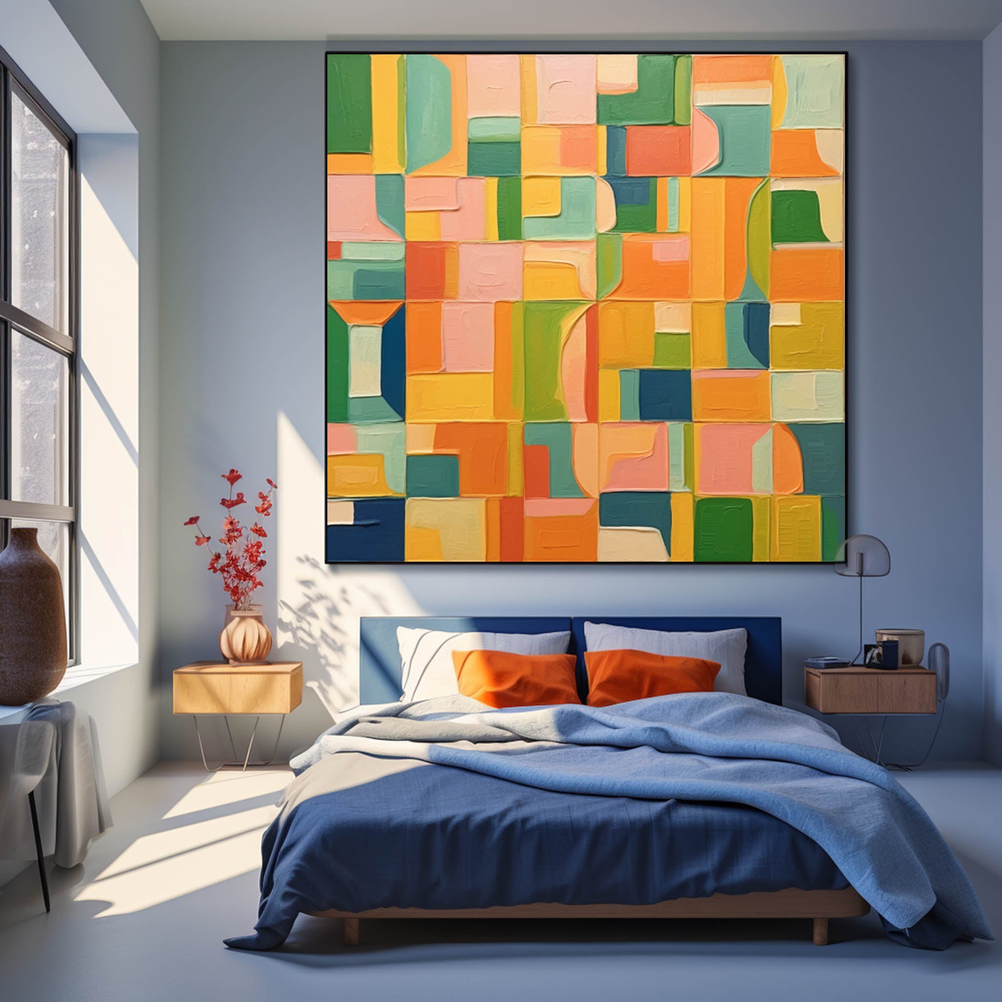 Square Abstract Geometry Oil Painting Bright Yellow Large Texture Canvas Original Modern Wall Art Home Decor