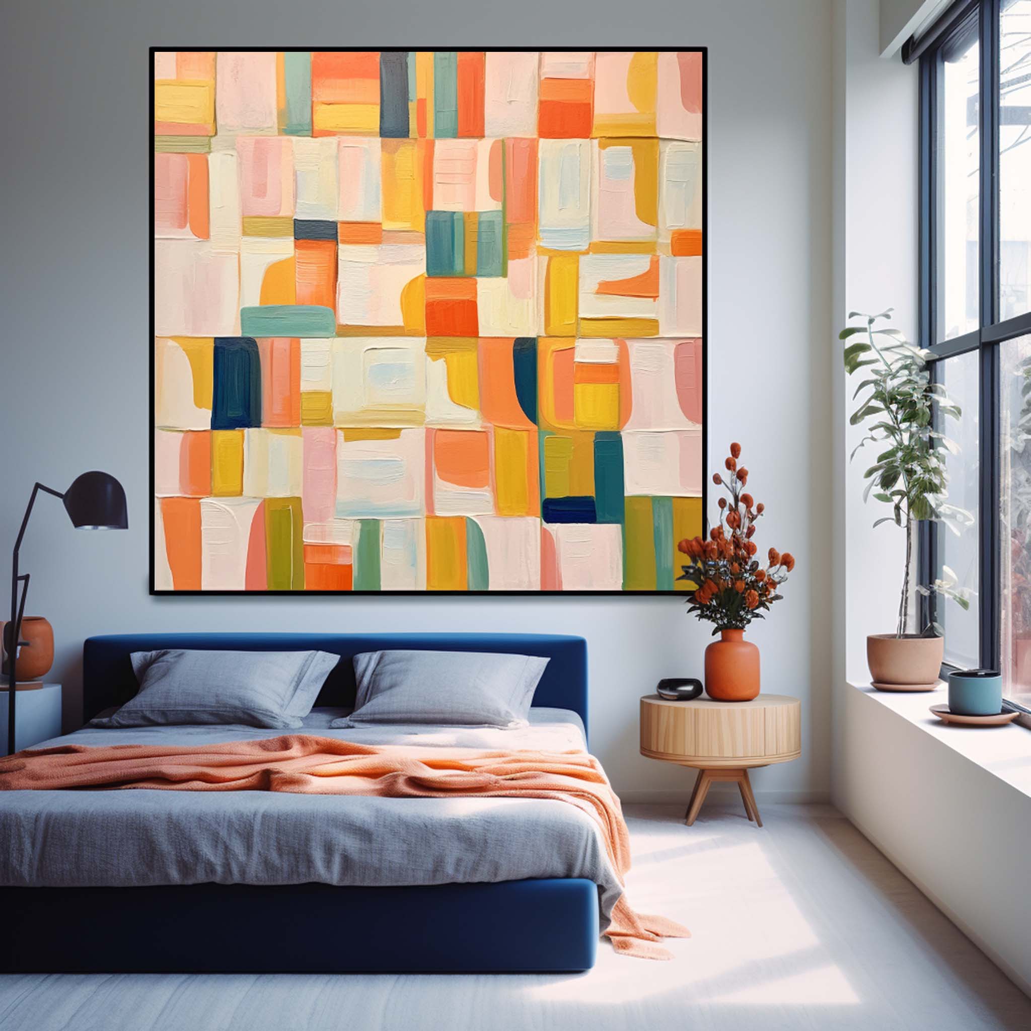 Square Abstract Geometry Oil Painting Bright Yellow Large Acrylic Painting Canvas Original Modern Wall Art For Living Room