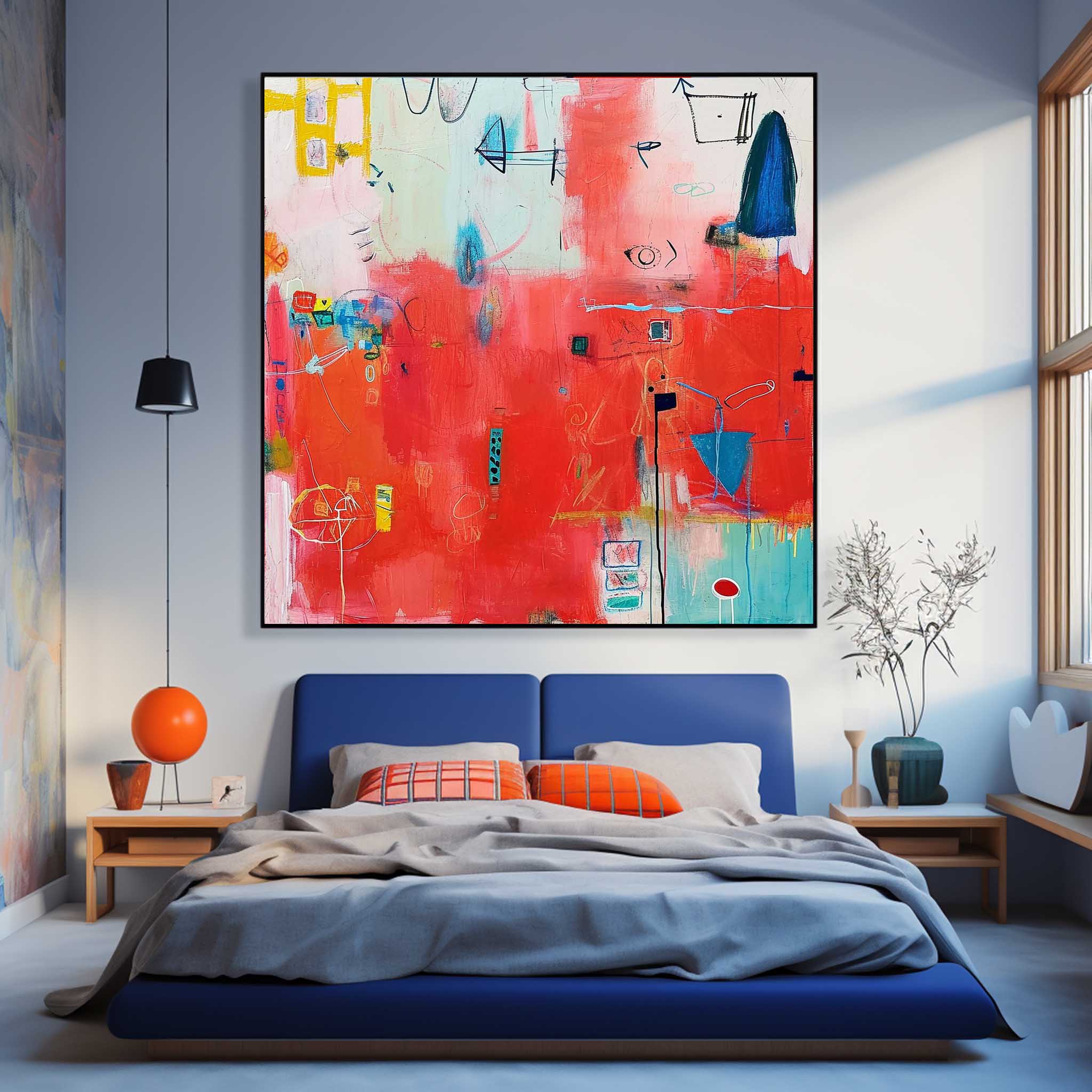 Contemporary Abstract Oil Painting Funny Doodles Original Wall Art New Red Abstract Painting Home Decor