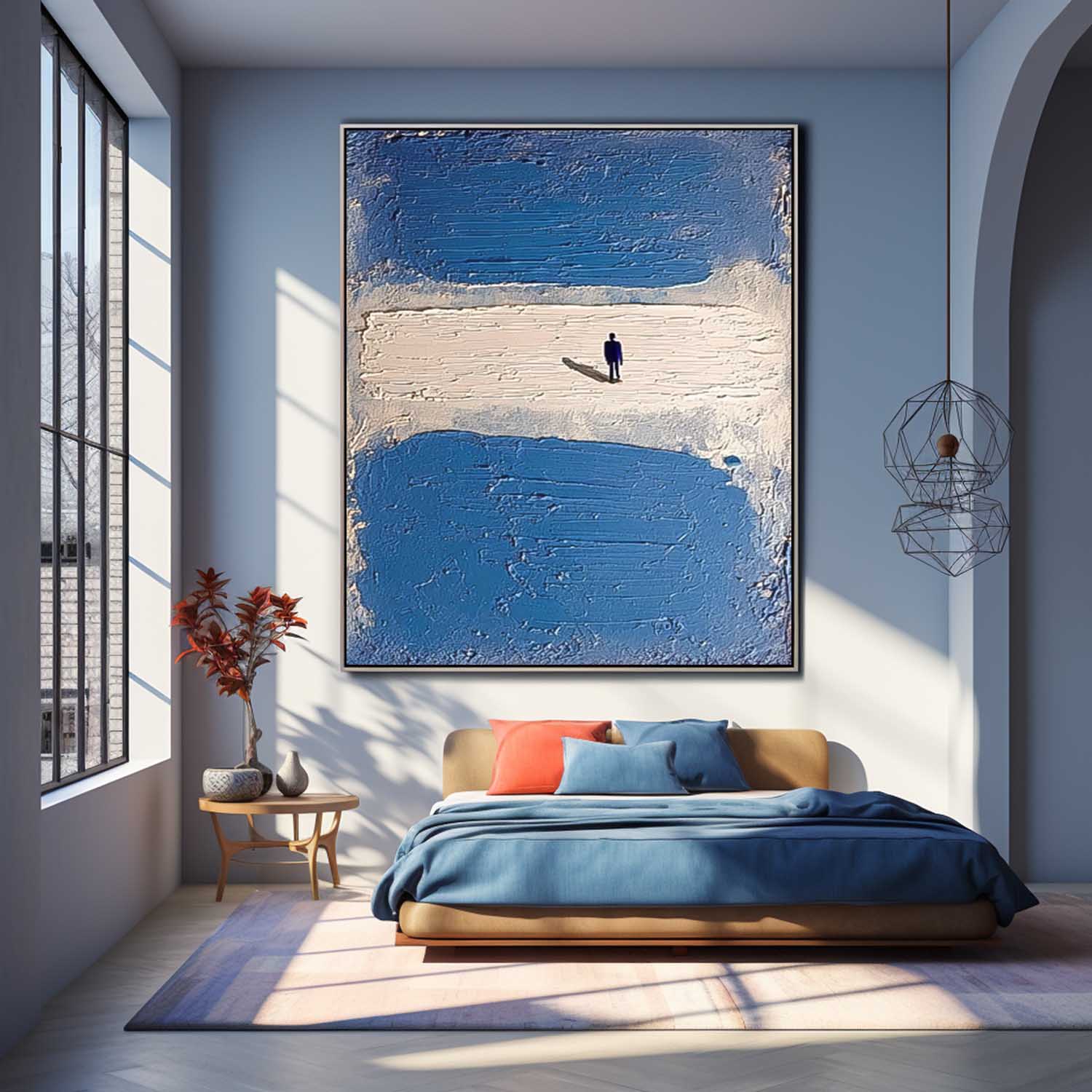 Original Lonely Back People Oil Painting Large Blue Minimalism Wall Art Abstract Figures Artwork Decor