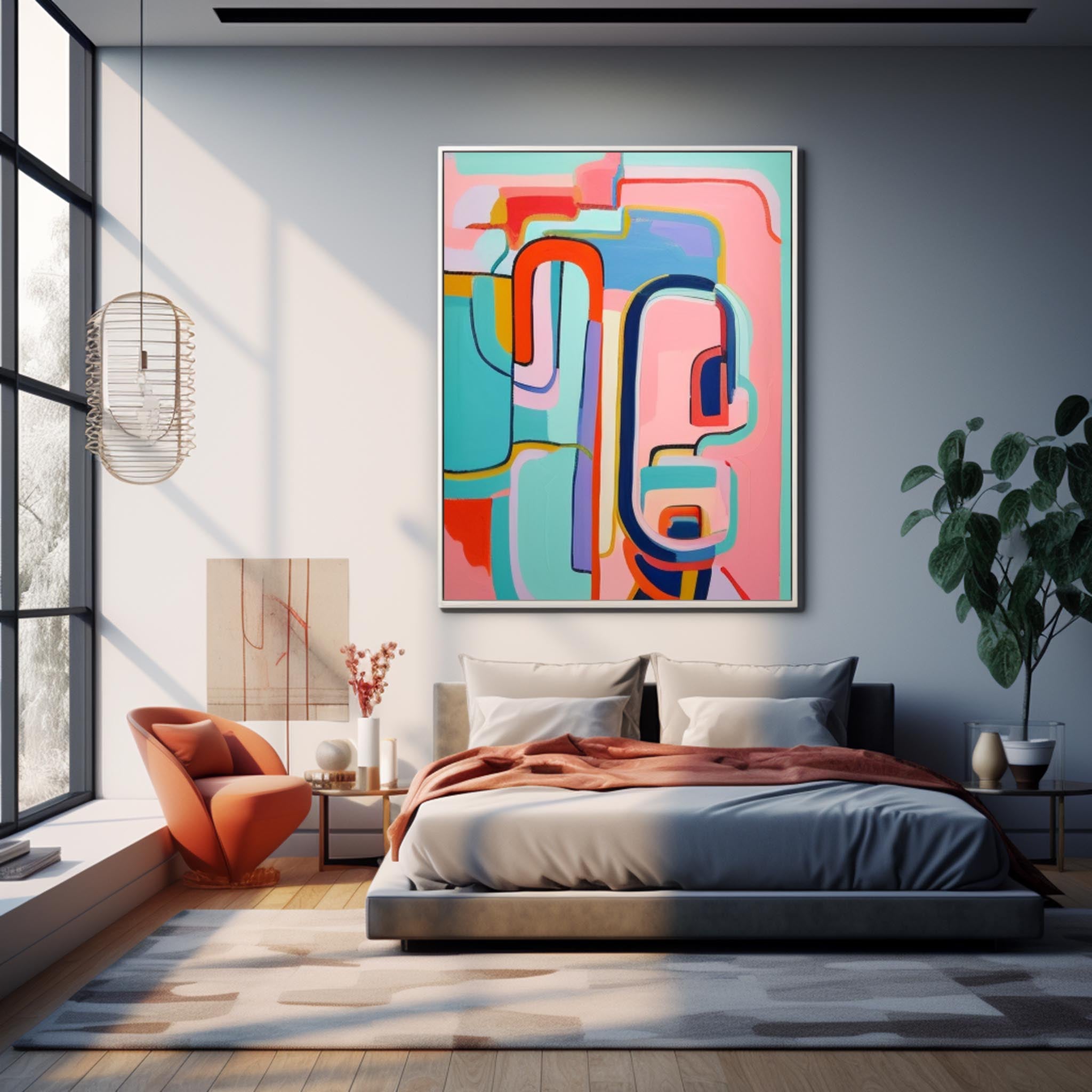 Extra Large Canvas Art Pink Line Original Abstract Oil Painting Modern Wall Art For Living Room