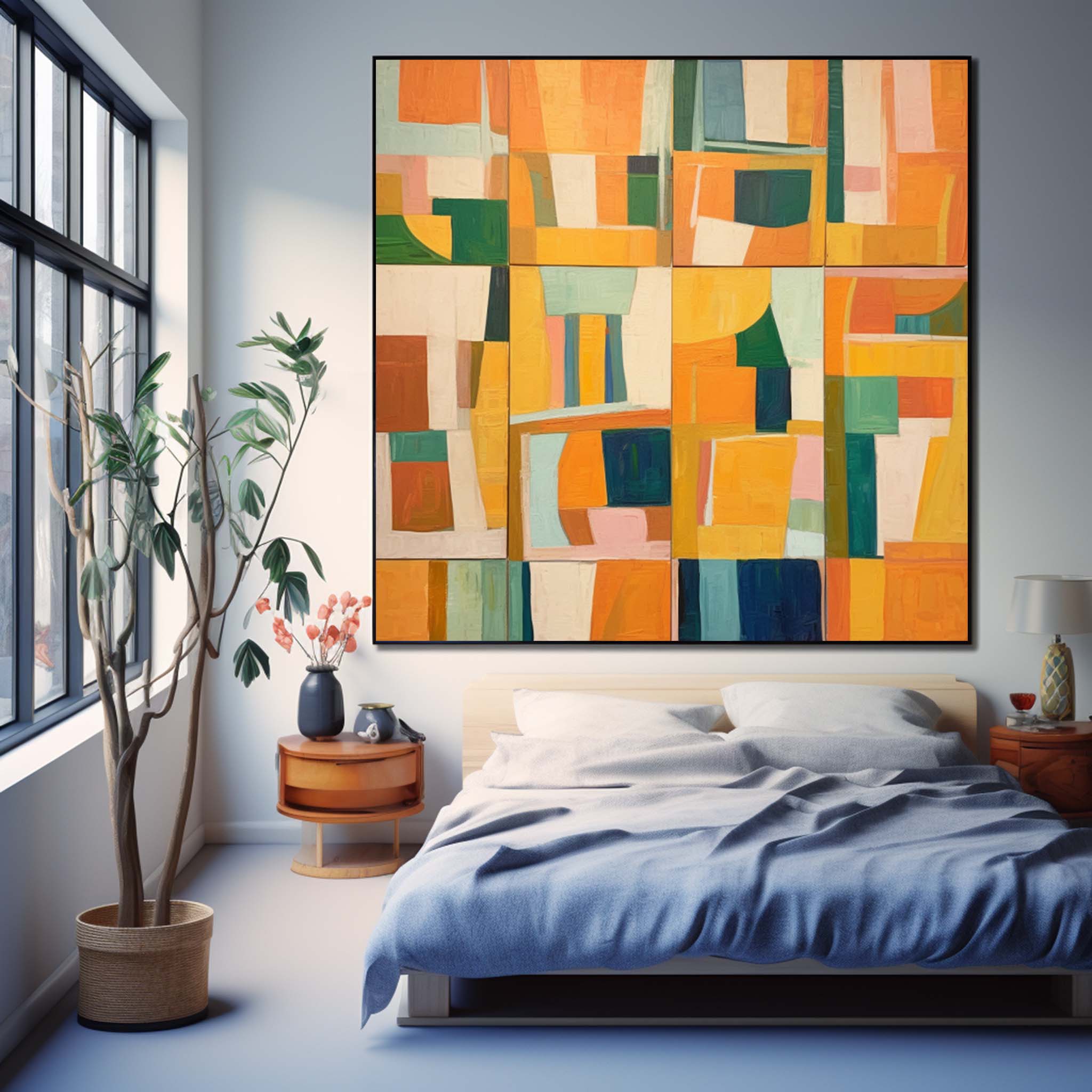 Square Abstract Geometry Oil Painting Bright Yellow Large Acrylic Painting Canvas Original Modern Wall Art Home Decor