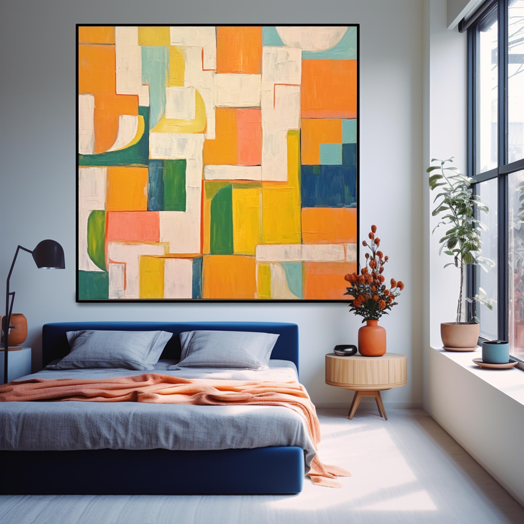 Square Abstract Geometry Oil Painting Bright Yellow Large Texture Canvas Original Modern Wall Art Home Decor