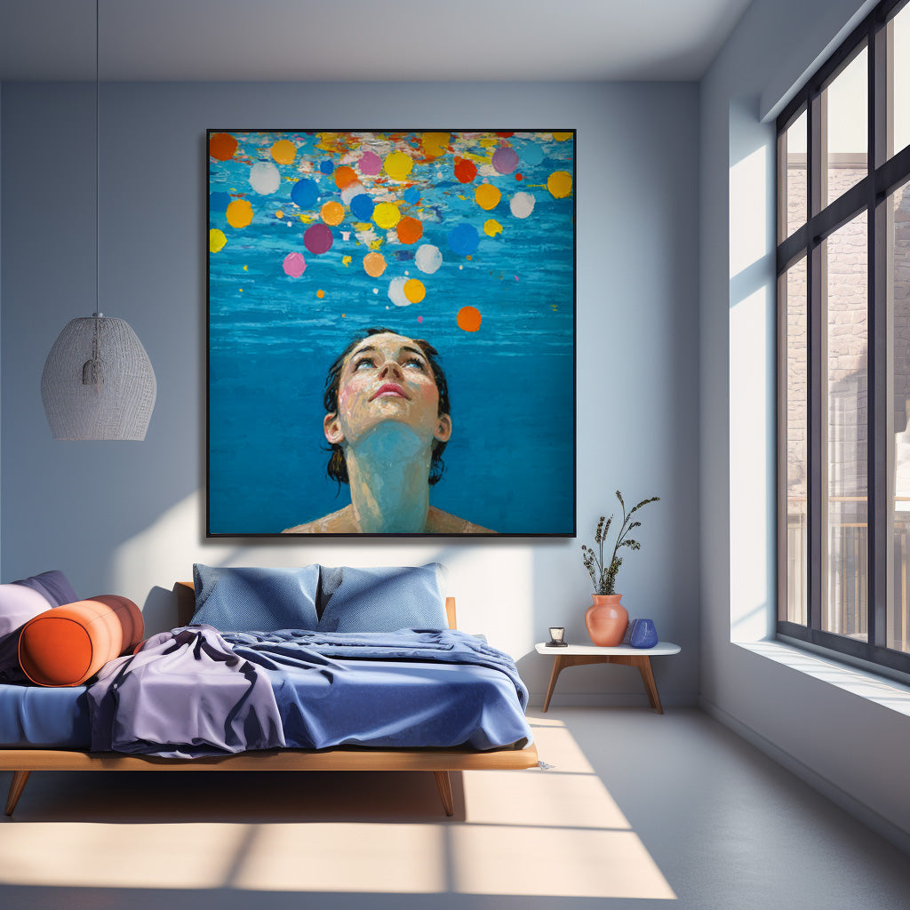 Diving Oil painting Blue Abstract Swimming Girl Wall Art Diving in Ocean Woman Handmade Canvas Artwork