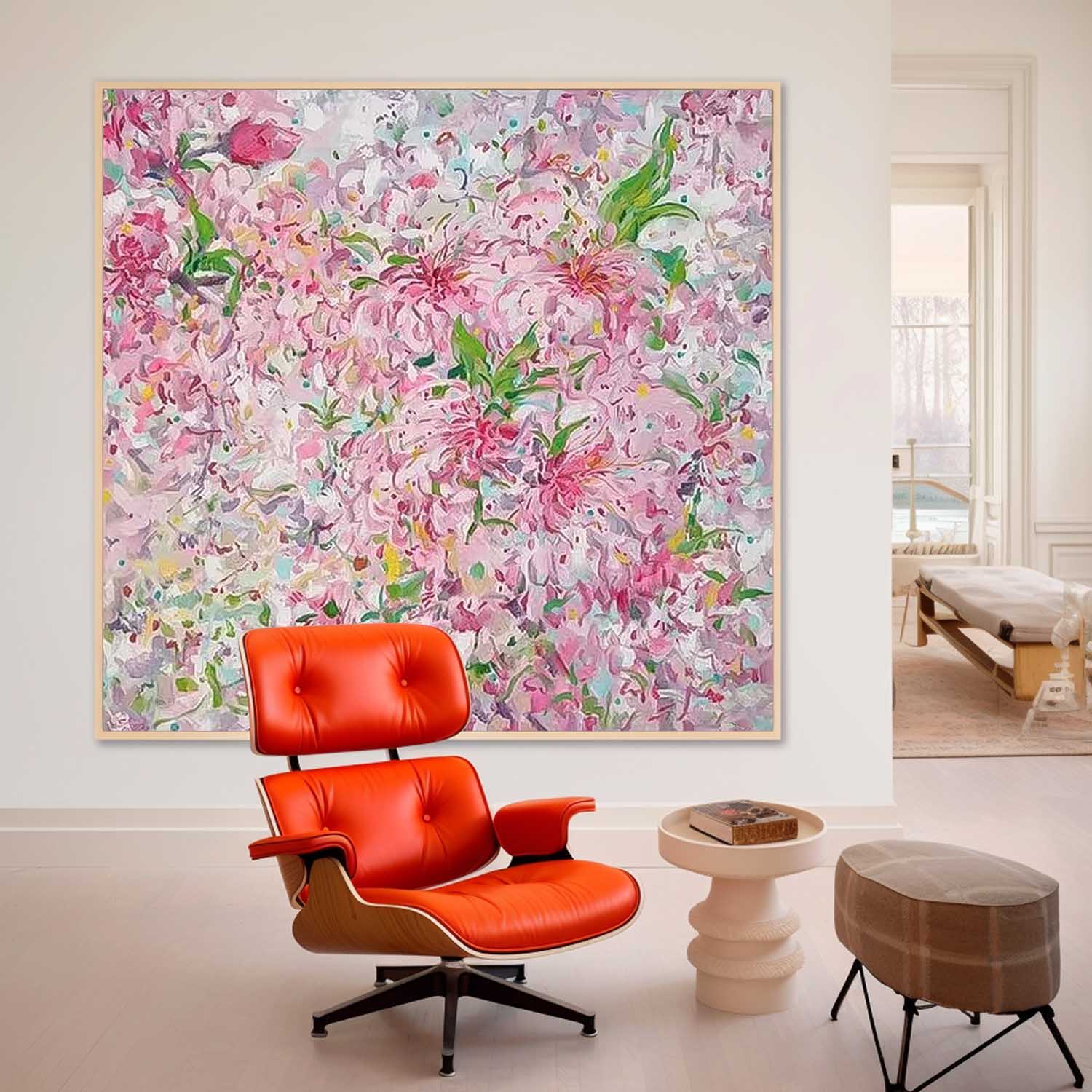 Square Pink Original Flower Wall Art Large Floral Acrylic Painting Modern Floral Oil Painting On Canvas