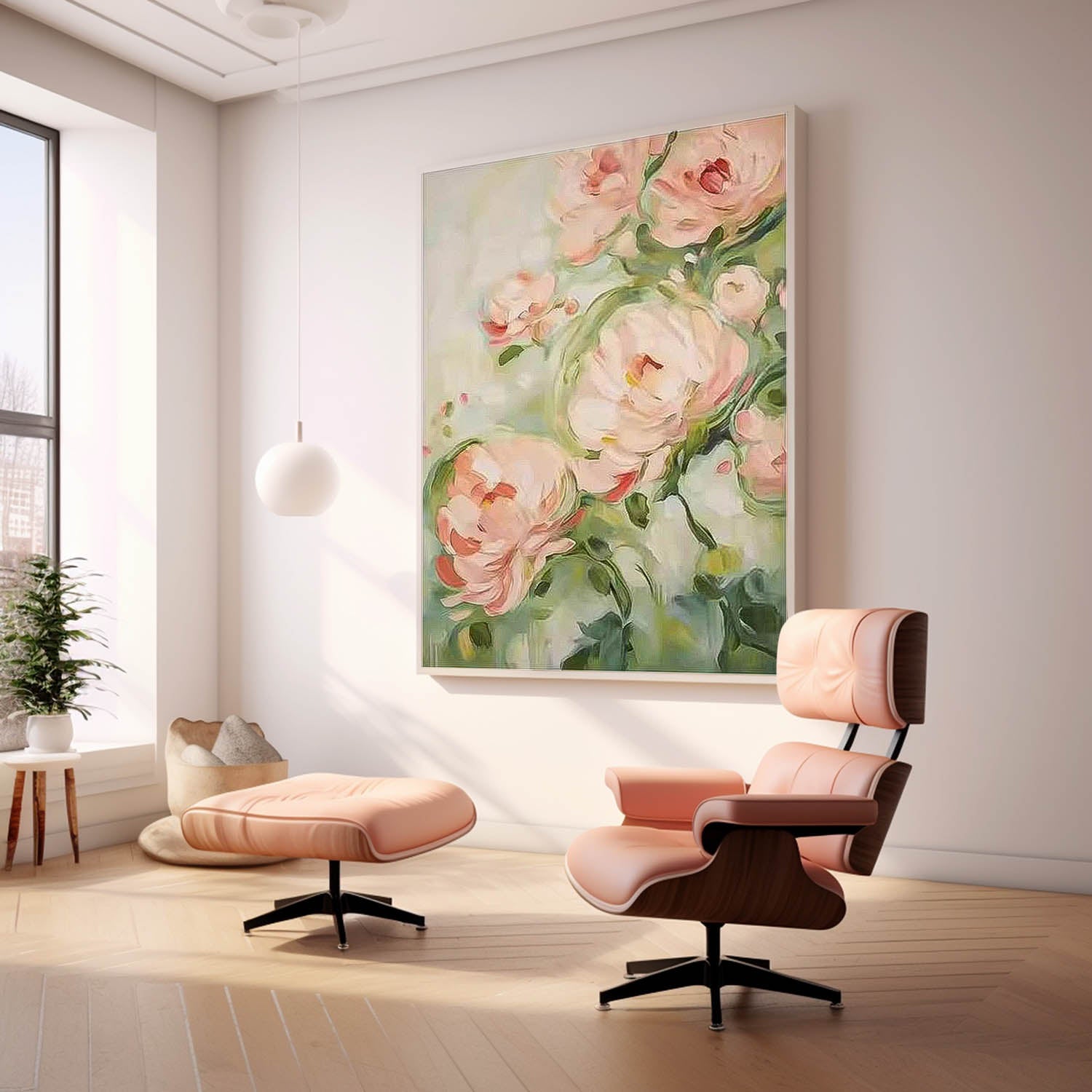 Cute Pink Flowers Textured Abstract Wall Art  Modern Floral Acrylic Painting Framed Home Decor