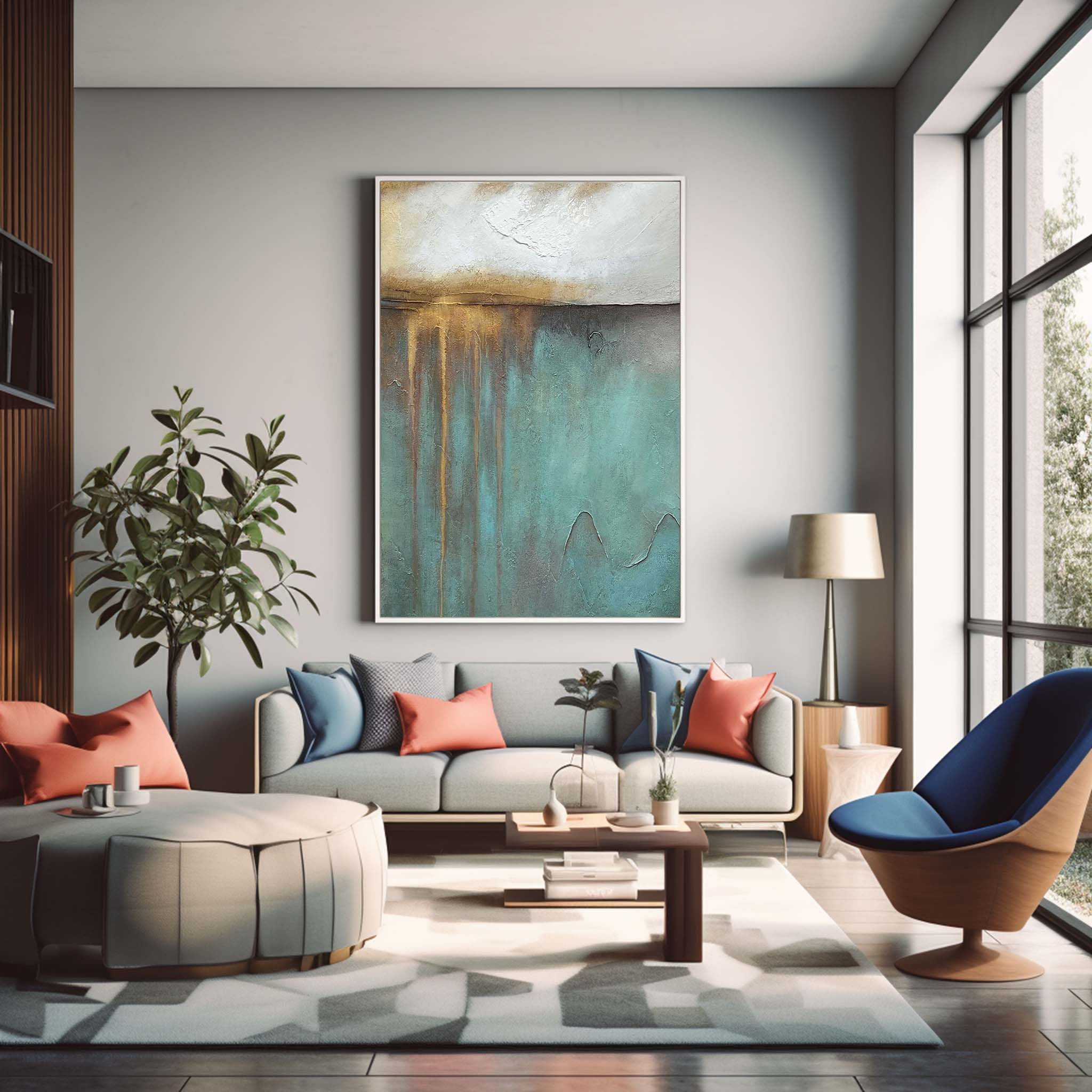 Blue And Gold Modern Wall Art Large Original Texture Abstract Oil Painting On Canvas For Living Room