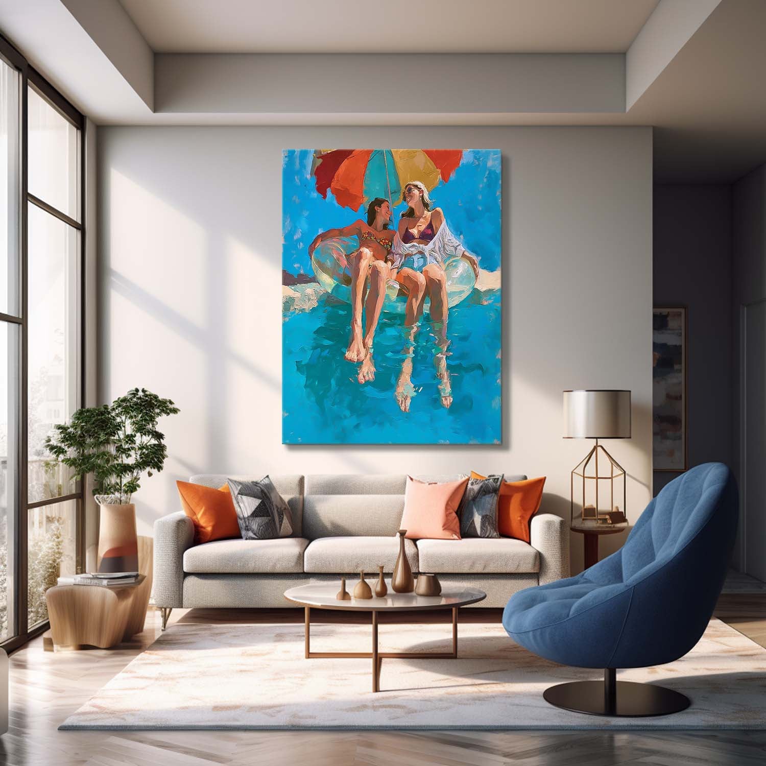 Abstract Lady playing In Water Oil Painting Canvas Original Diving Wall Art Modern Swimming Artwork