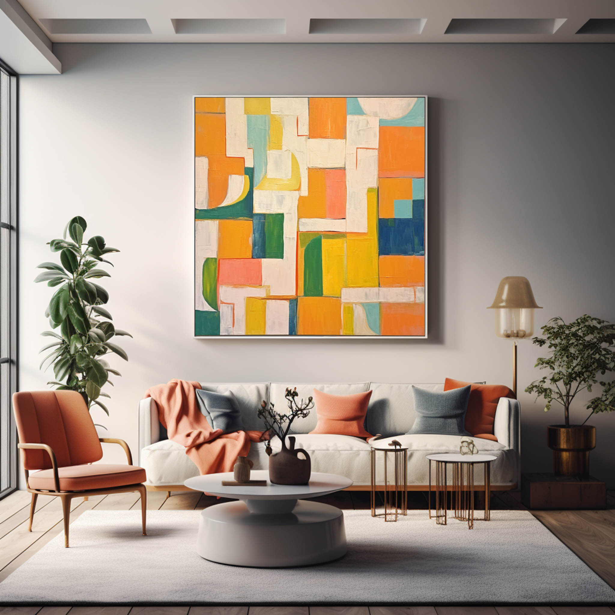 Square Abstract Geometry Oil Painting Bright Yellow Large Texture Canvas Original Modern Wall Art Home Decor