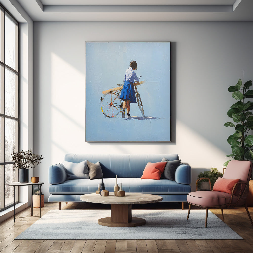 Minimalist Girl Riding A Bicycle Painting Blue Wall Art Abstract Warm atmosphere Art For Living Room