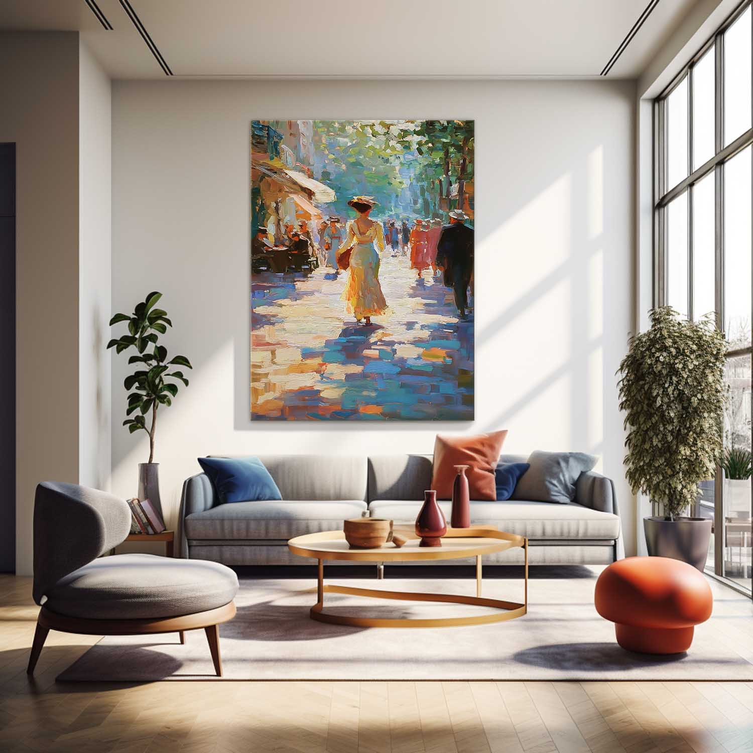 Large Vintage Sunlit Street Oil Painting Impressionist Canvas Wall Art Original Figure For Living Room Decor