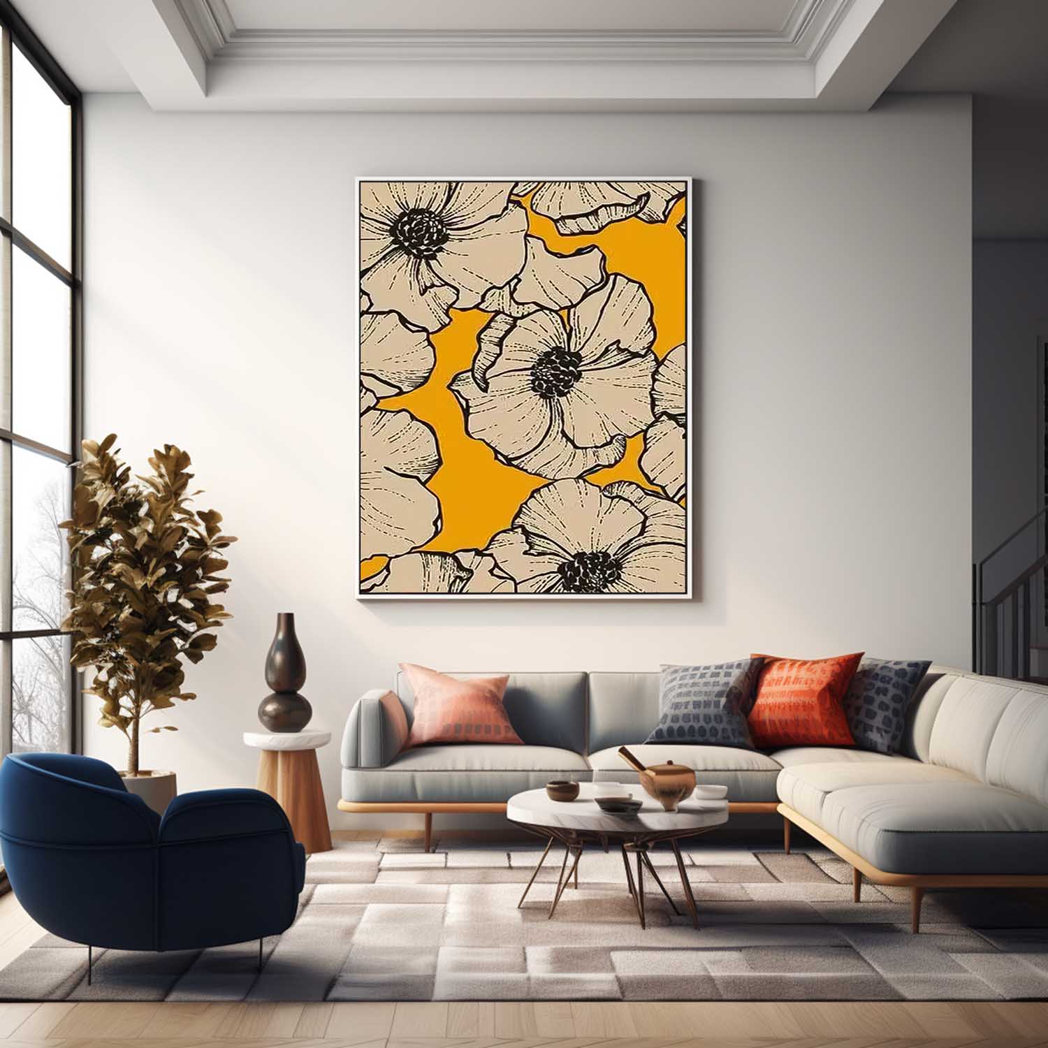 Abstract Yellow Oil Painting On Canvas Oversize Original Minimalism Beautiful Floral Artwork Home Decor