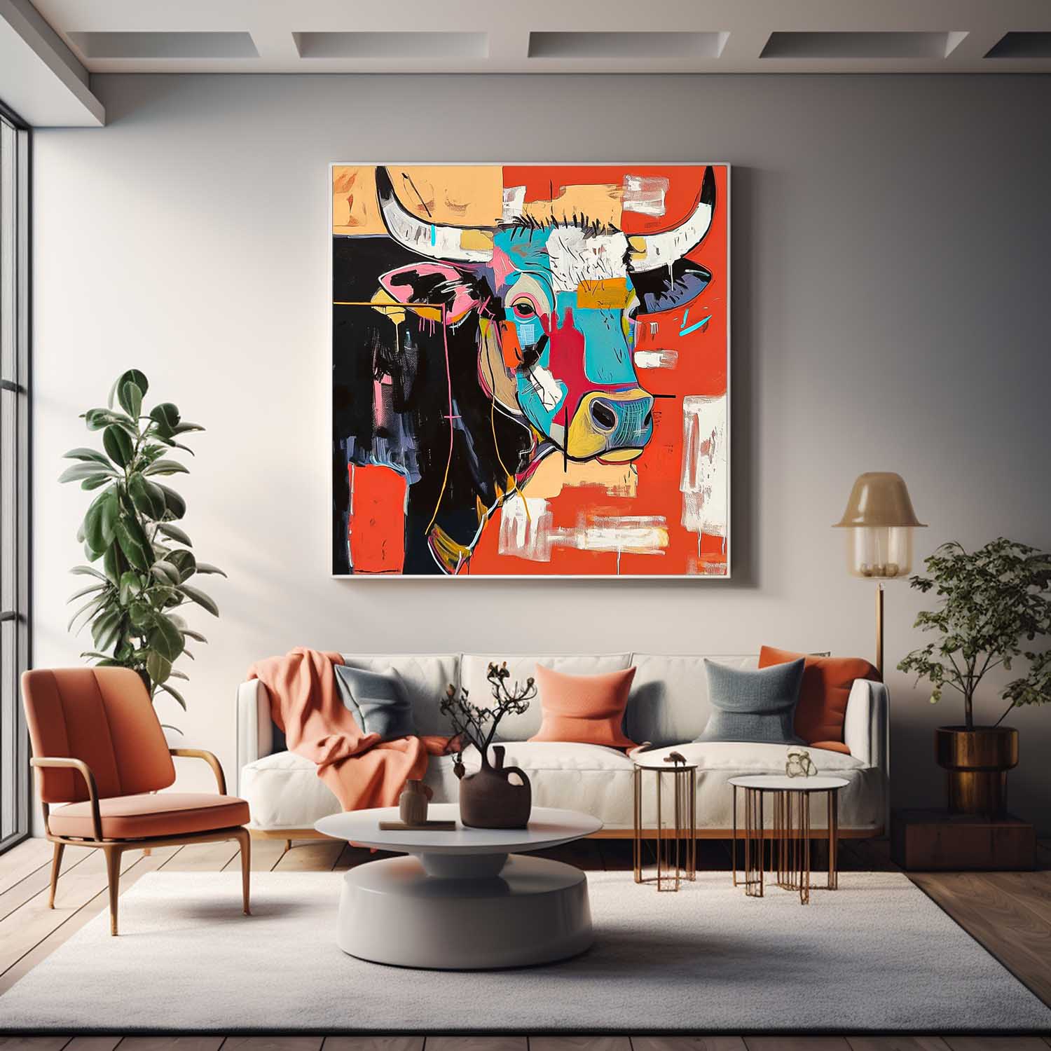 Square Ox Oil Painting Canvas Original Lovely Cow Wall Art Large Colorful Animal Artwork Home Decor