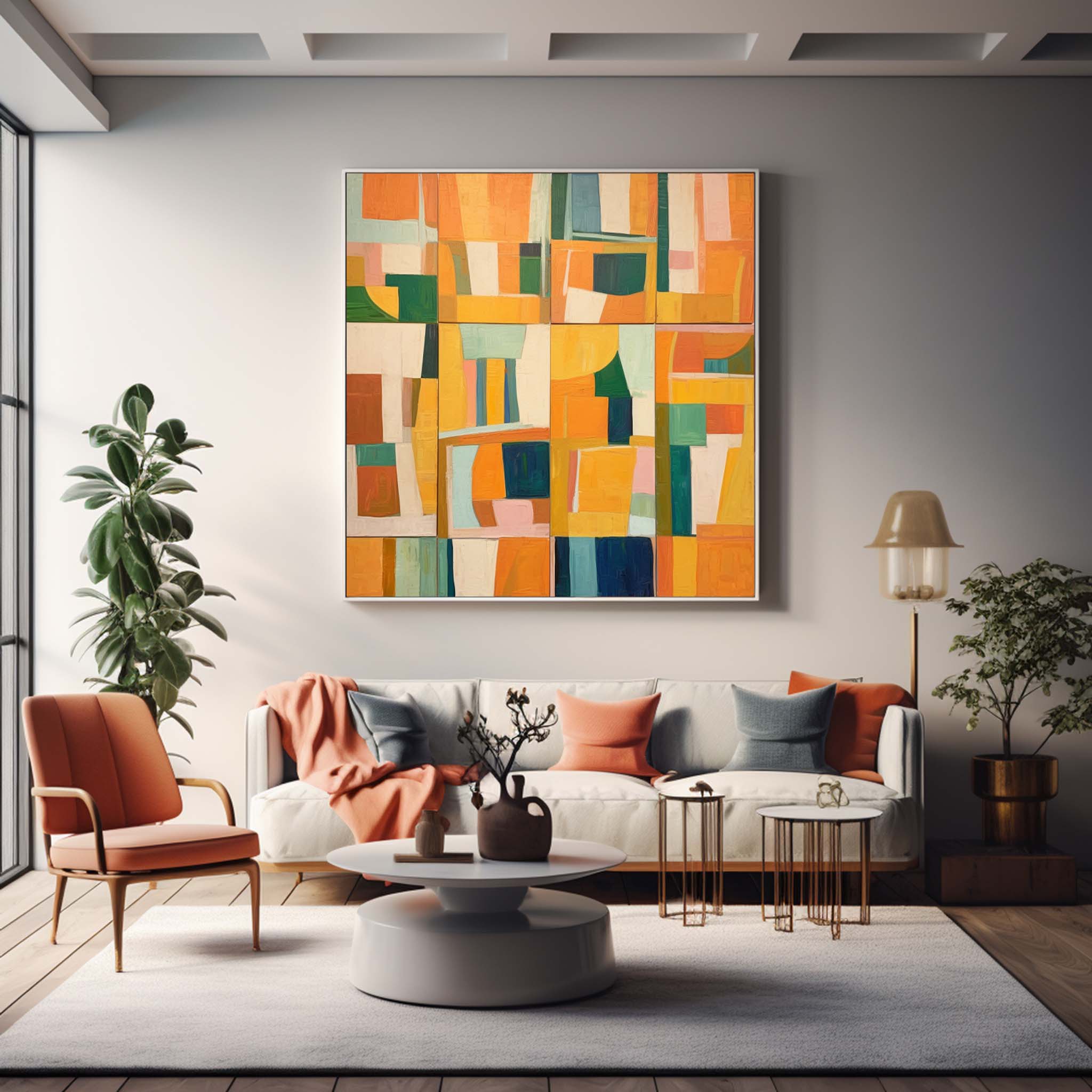 Square Abstract Geometry Oil Painting Bright Yellow Large Acrylic Painting Canvas Original Modern Wall Art Home Decor