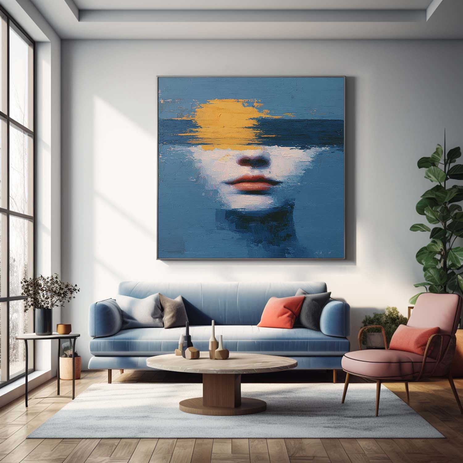 Abstract Soulful Face In Ocean Waves Oil Canvas Calming Blue-Yellow Wall Art For Boho Minimalist Home Decor