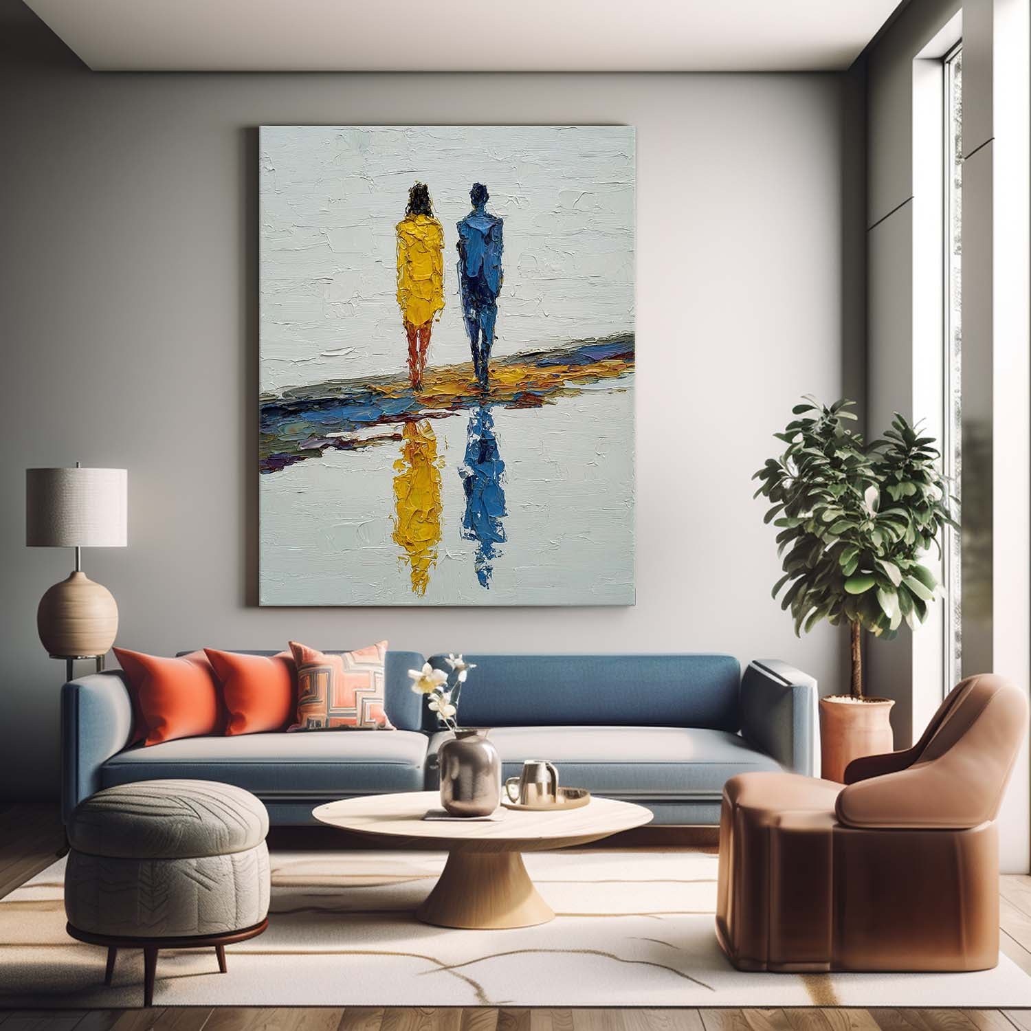 Abstract Couple Oil Painting Modern Minimalist Palette Knife Art Vertical Textured Canvas For Bedroom Wall
