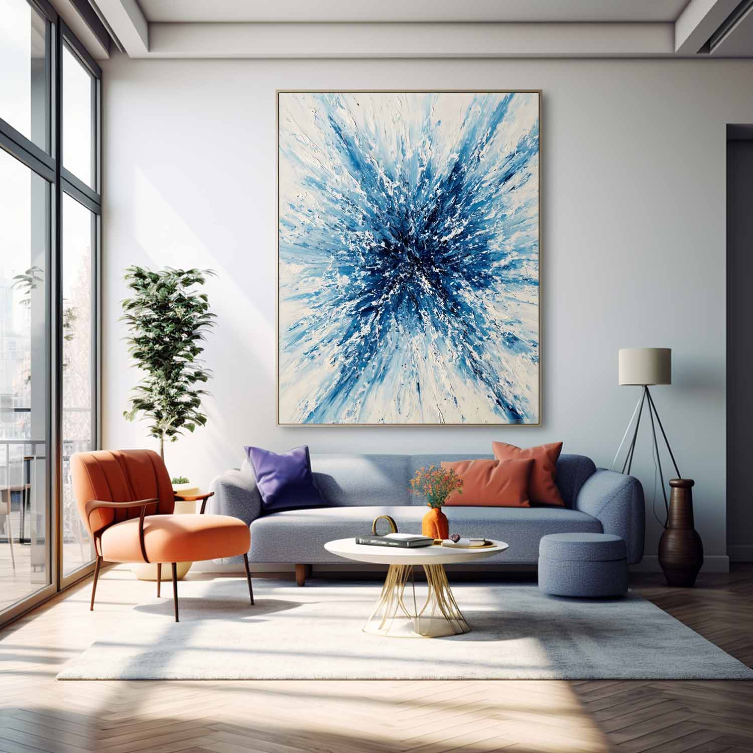 Abstract Blue White Explosion Texture Modern Wall Art Original Abstract Painting Large Artwork Home Decor
