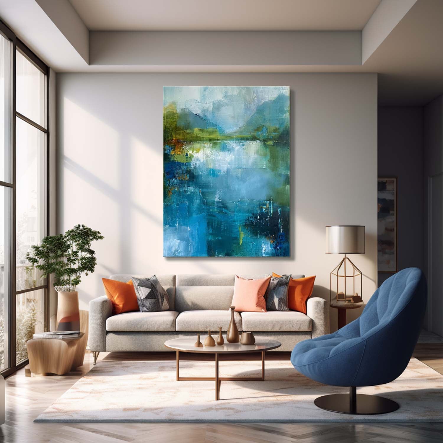 Original Green And Blue Vertical Scenery Painting Modern Landscape Wall Art Large Abstract Painting On Canvas