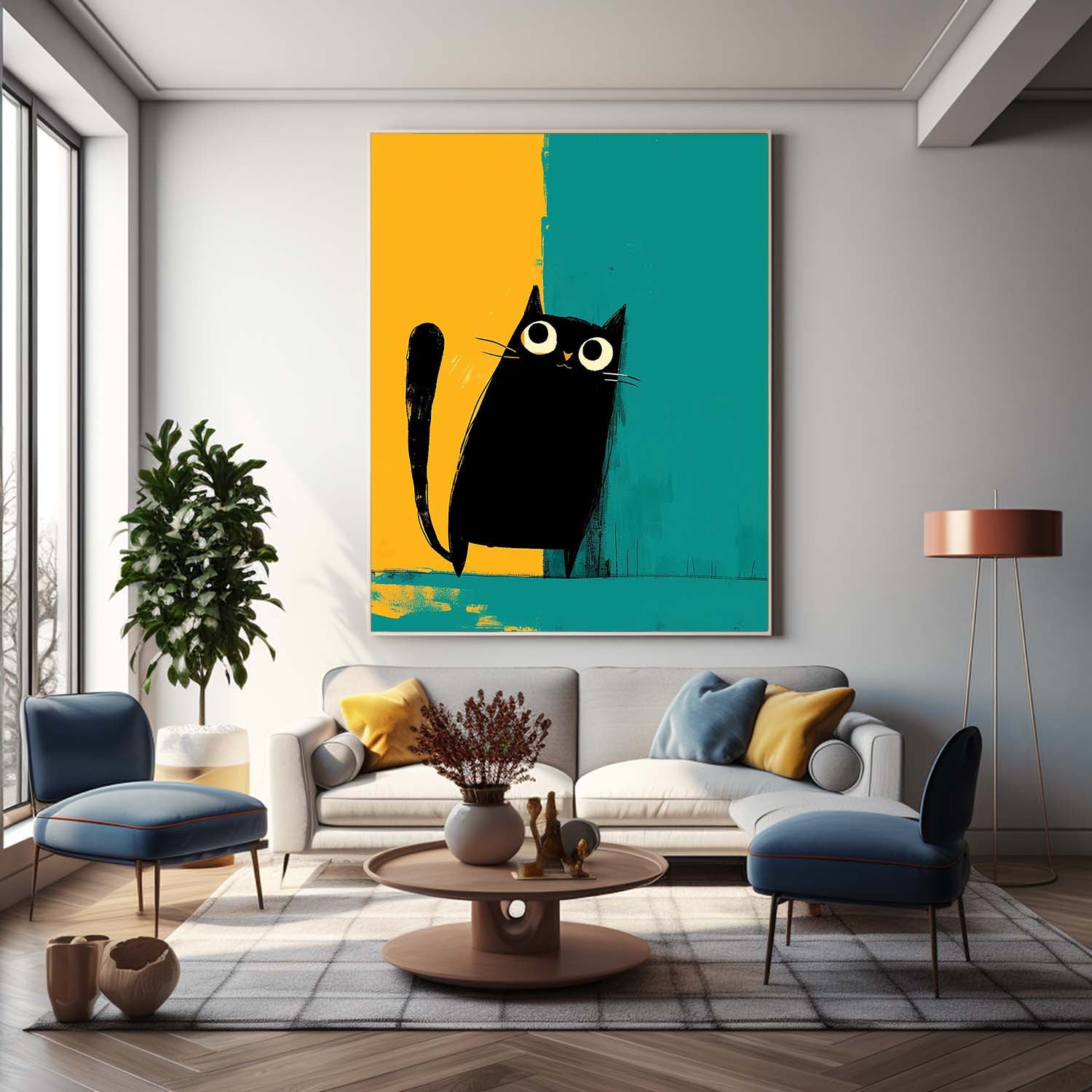Vibrant Yellow And Green Oil Painting Modern Black Cat Animal Oil Painting Impressionist Kitty Wall Art