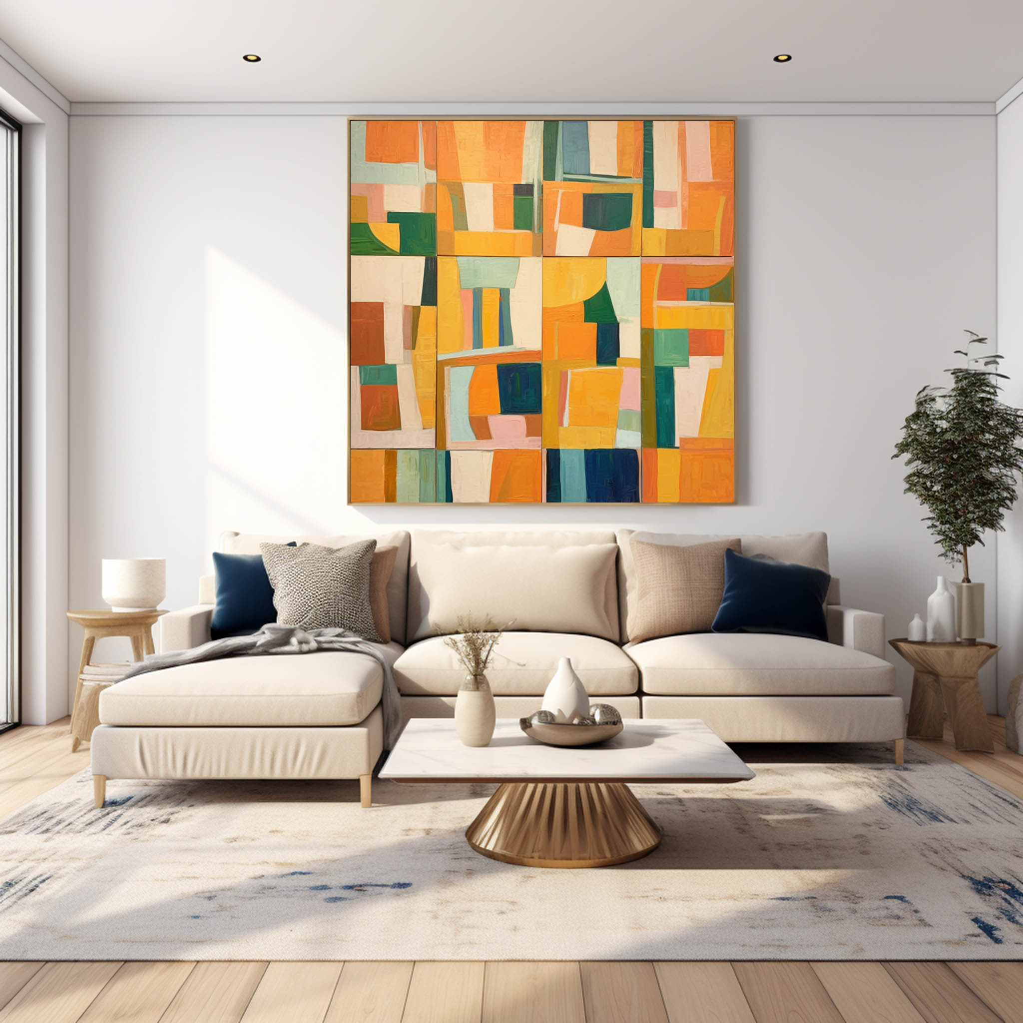 Square Abstract Geometry Oil Painting Bright Yellow Large Acrylic Painting Canvas Original Modern Wall Art Home Decor