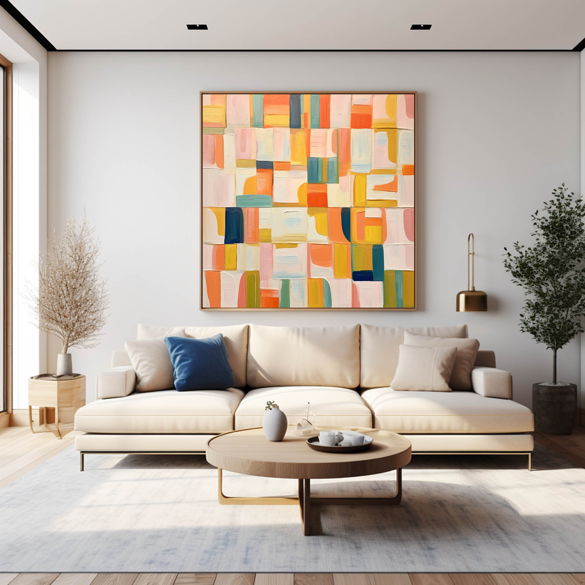 Square Abstract Geometry Oil Painting Bright Yellow Large Acrylic Painting Canvas Original Modern Wall Art For Living Room