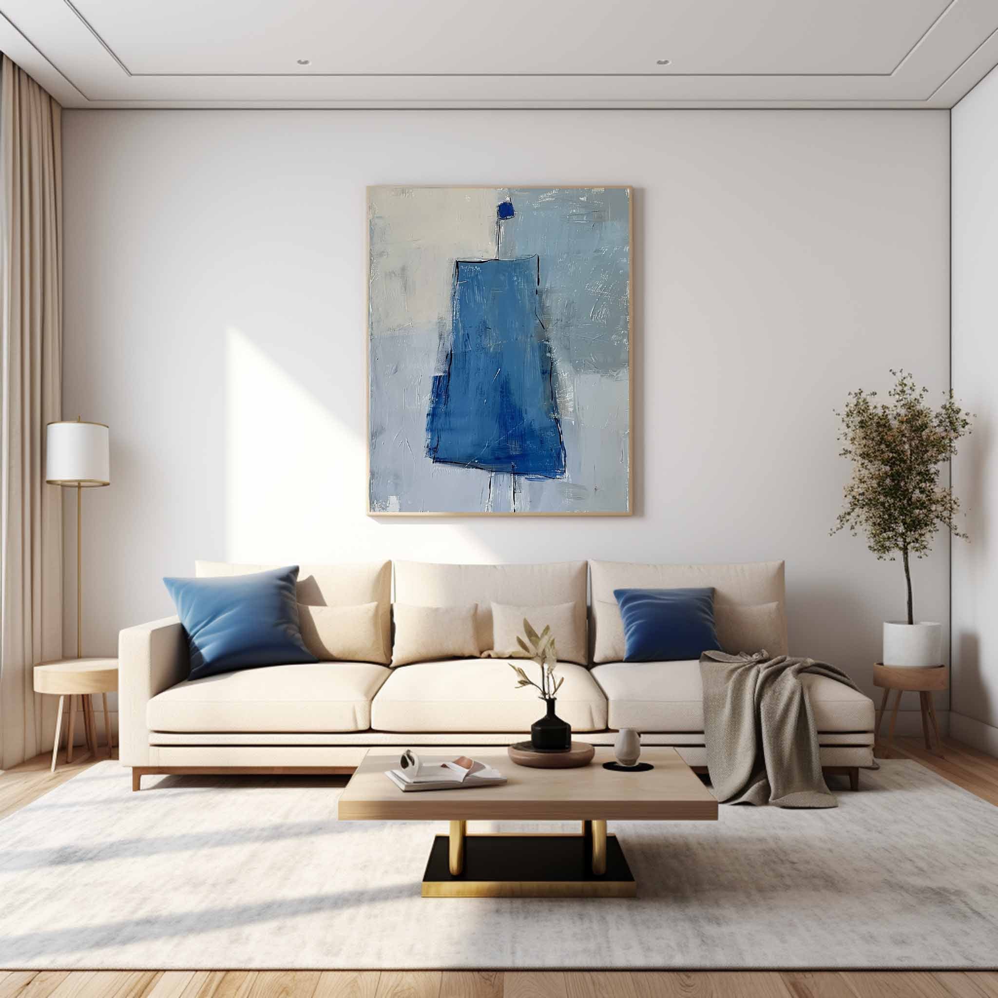 Abstract Aesthetic Canvas Oil Painting Large Vintage Blue Skirt Wall Art Original Minimalist Artwork