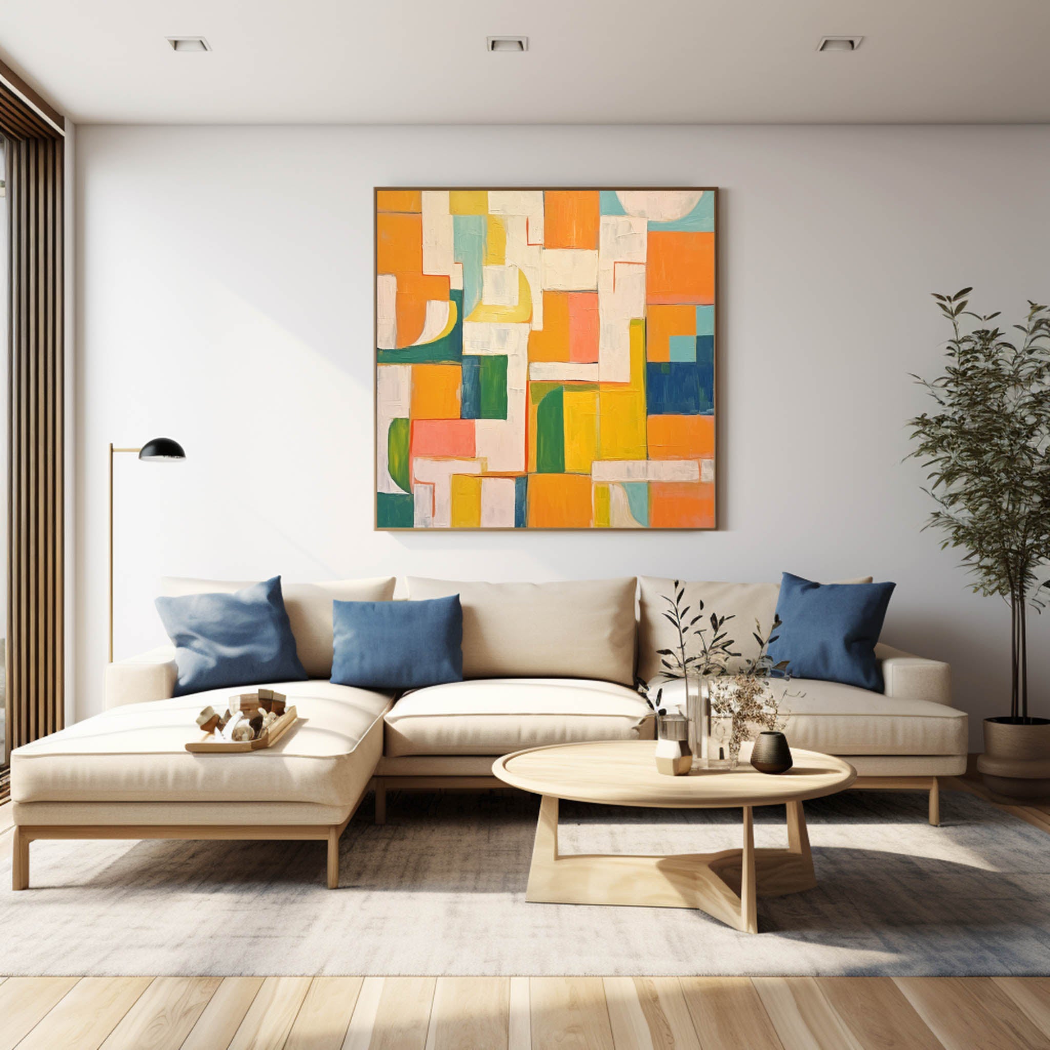 Square Abstract Geometry Oil Painting Bright Yellow Large Texture Canvas Original Modern Wall Art Home Decor