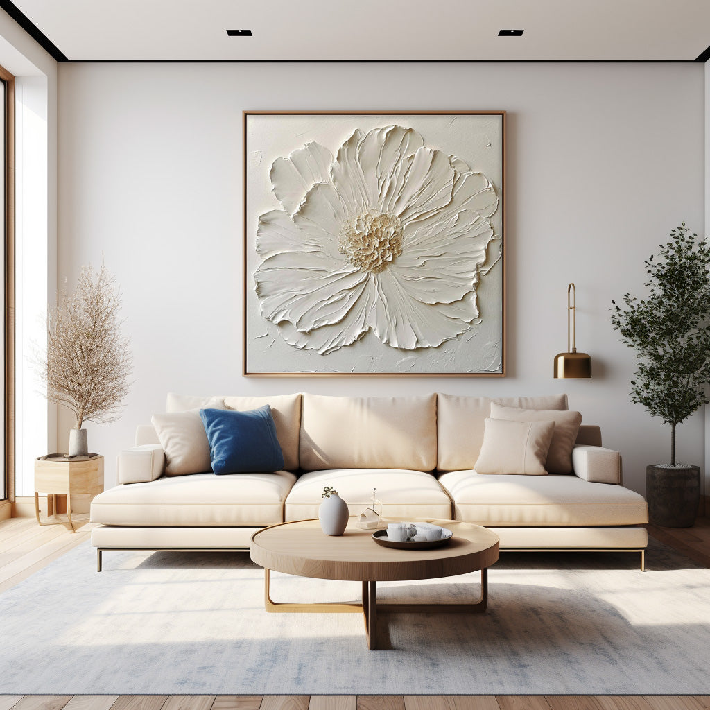 Simple Minimalist Art Original Large Textured Floral Painting Modern White Wall Art For Living Room