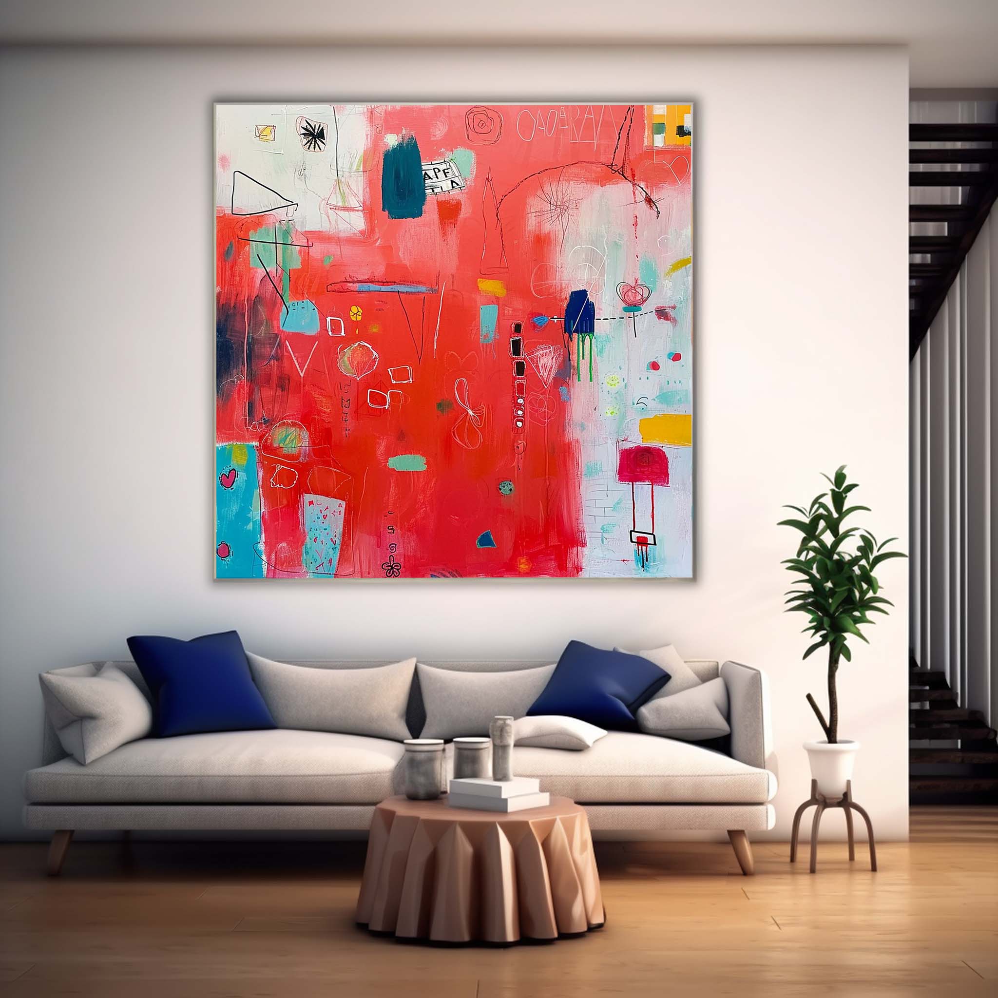 New Red Abstract Painting Contemporary Abstract Oil Painting Funny Doodles Original Wall Art Home Decor