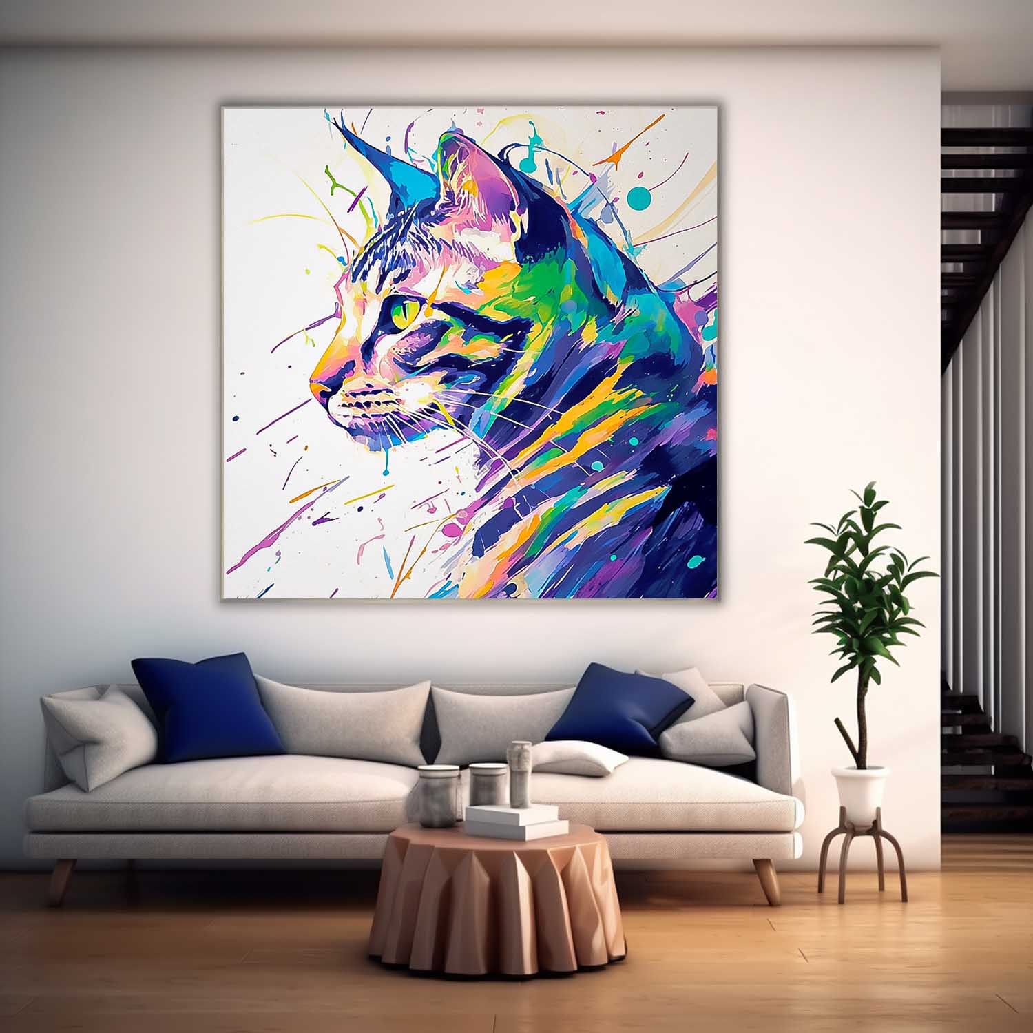 Square Cat Oil Painting Canvas Large Colorful Animal Artwork Original Lovely Kitty Wall Art Home Decor
